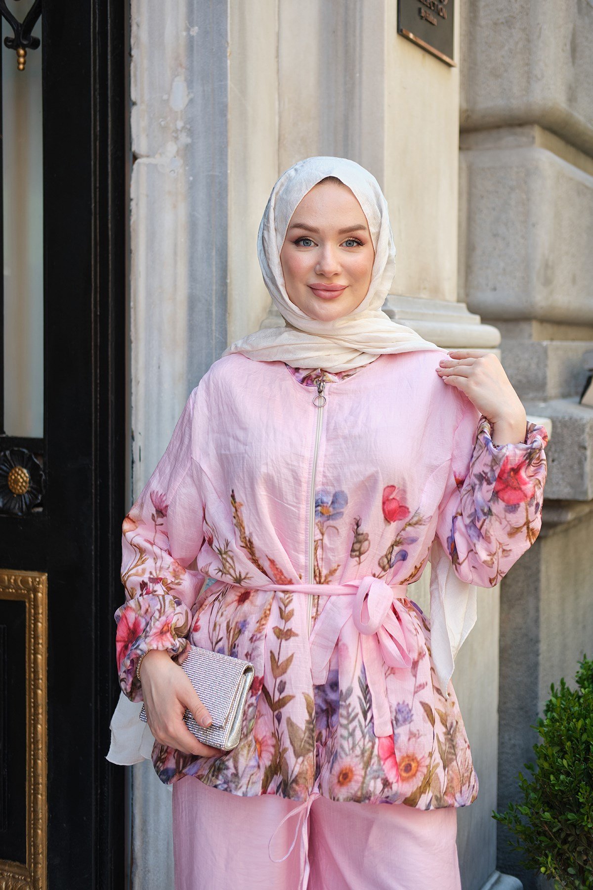 İç Astarlı Çiçek Ve Yaprak Desen Bel Bağlamalı Tül Takım Pembe