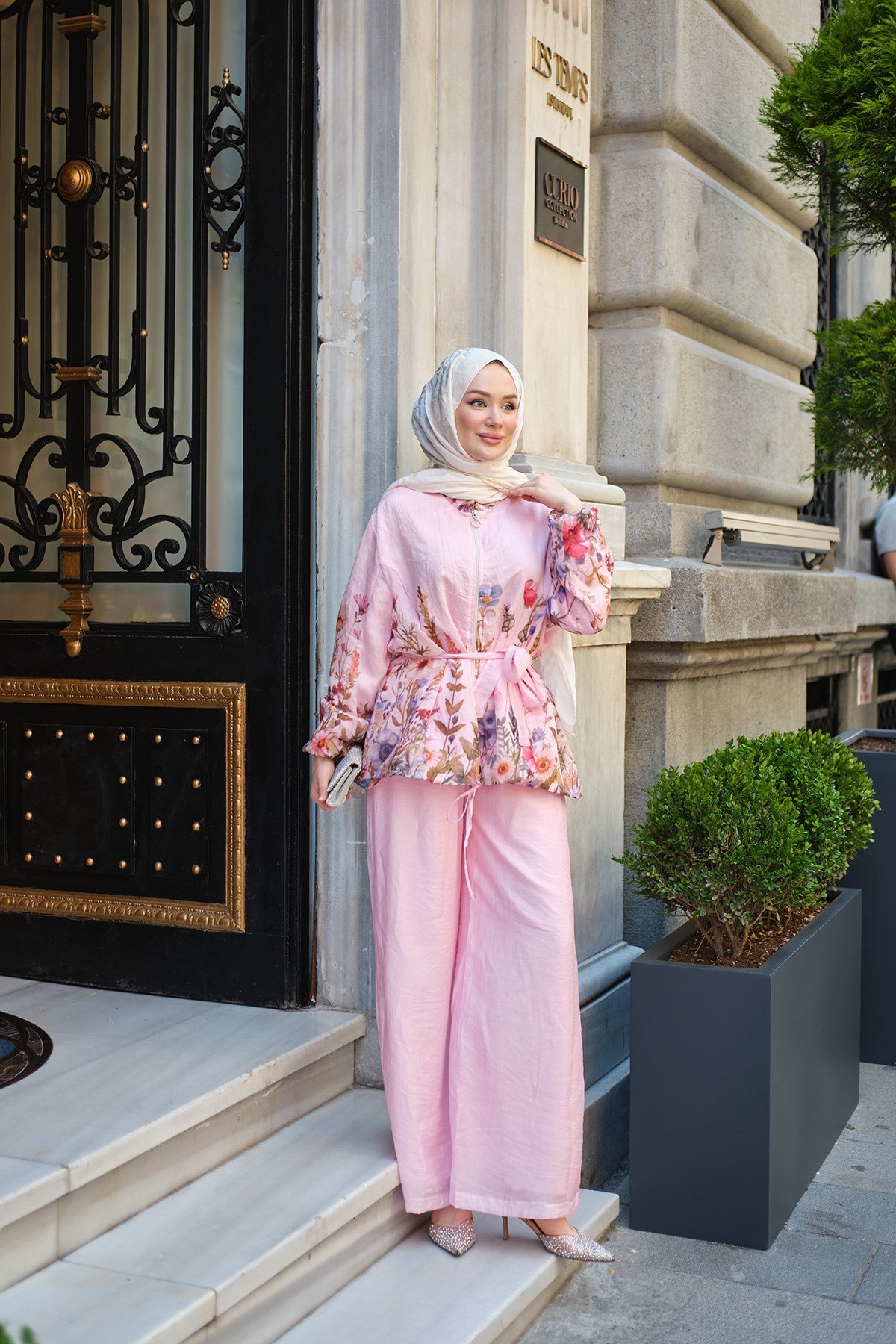 İç Astarlı Çiçek Ve Yaprak Desen Bel Bağlamalı Tül Takım Pembe