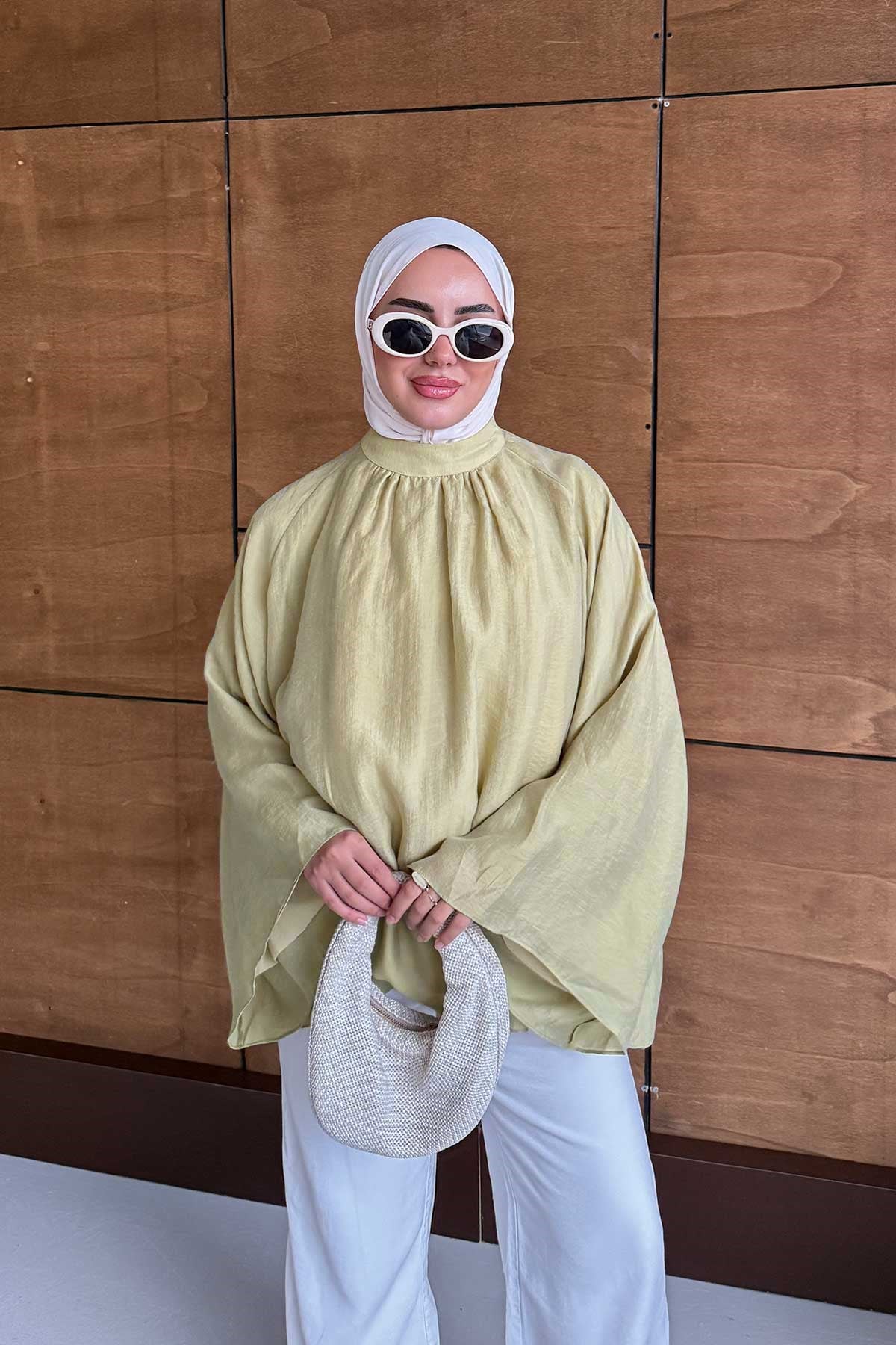 İç Astarlı Geniş Kol Tül Bluz Küf Yeşil