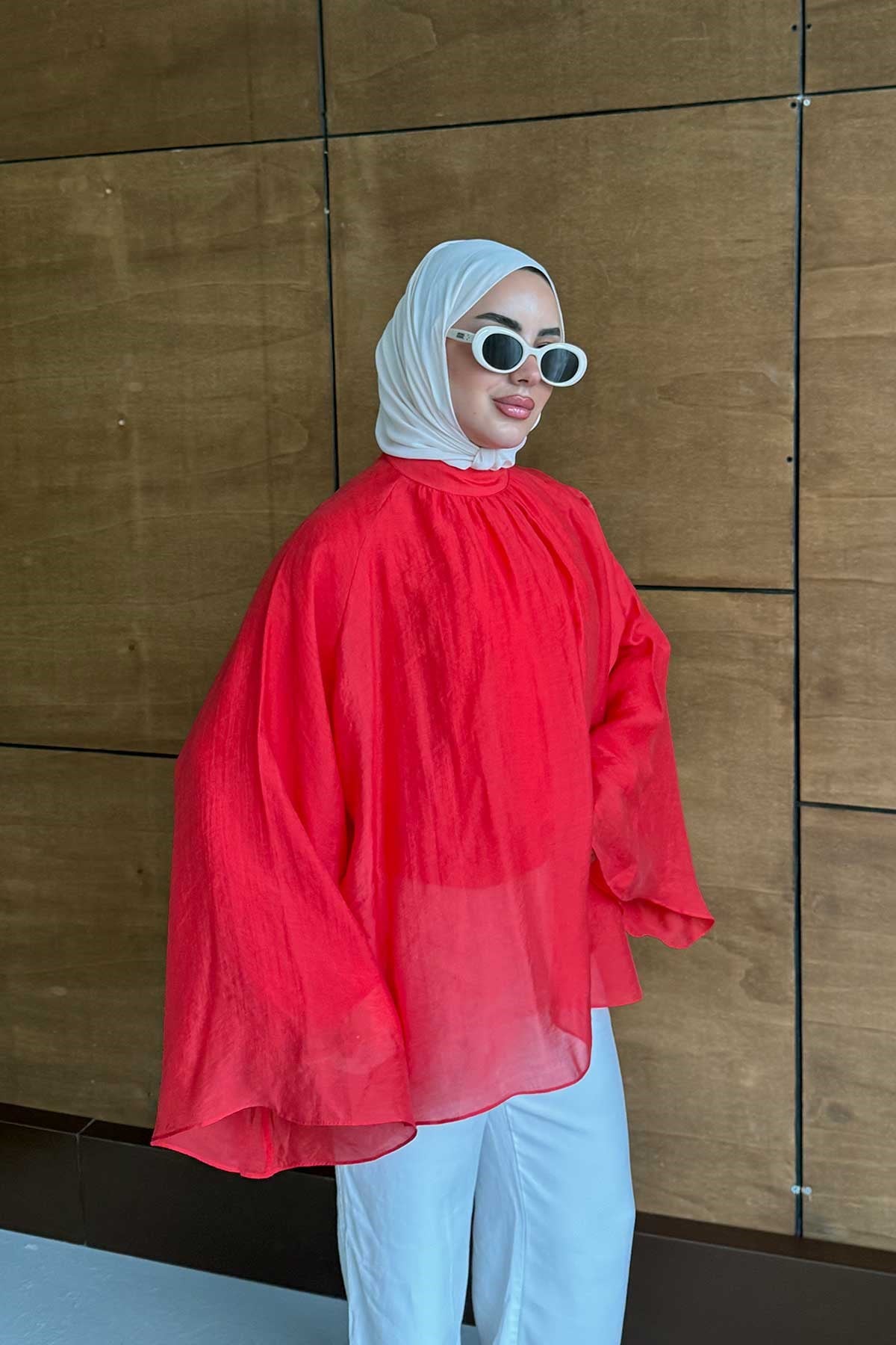 İç Astarlı Geniş Kol Tül Bluz Nar Çiçeği