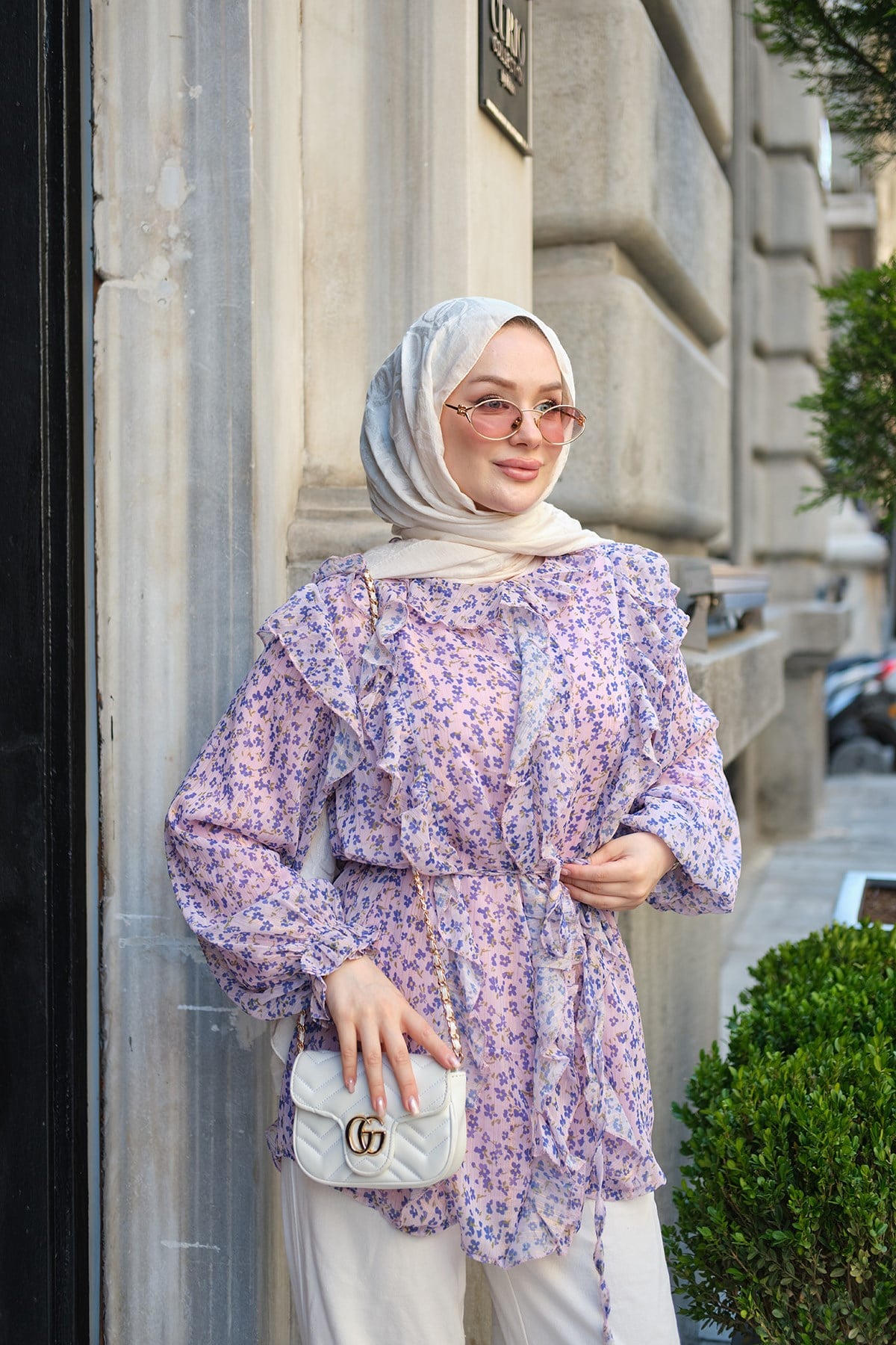 İçi Astarlı Küçük Çiçek Desenli Bel Bağlamalı Tül Tunik Lila