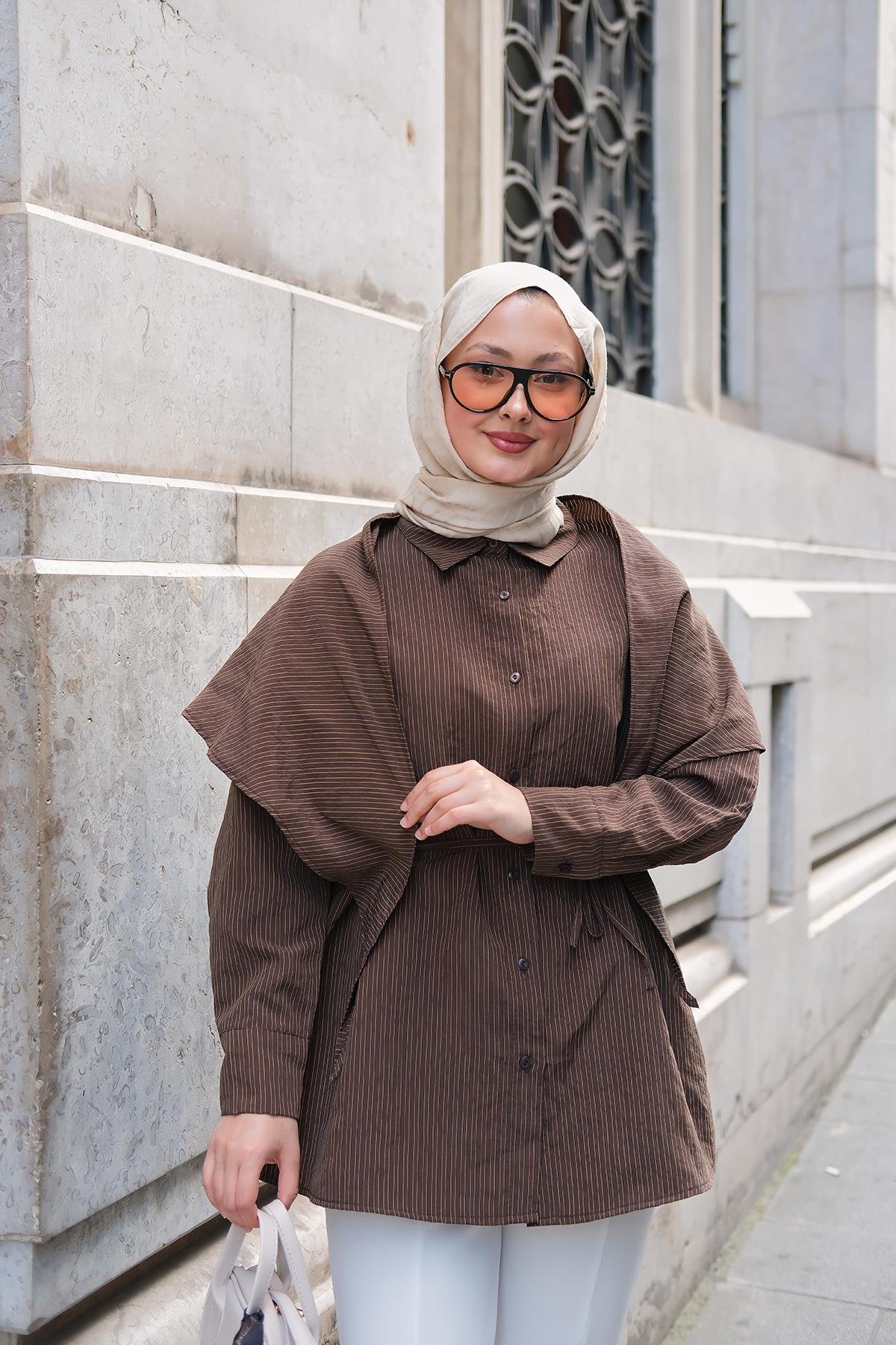 İnce Çizgili Bel Bağlamalı Gömlek Kahverengi