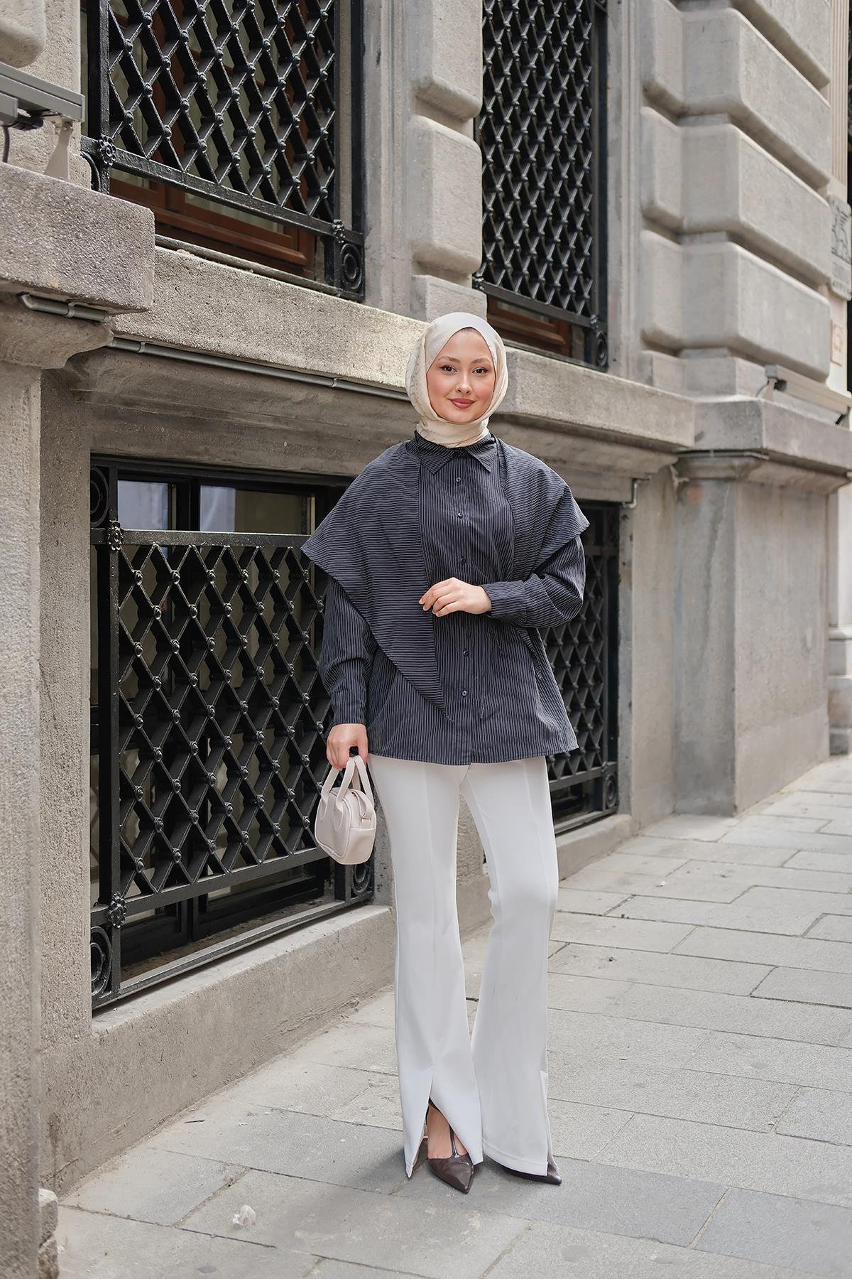 İnce Çizgili Bel Bağlamalı Gömlek Lacivert