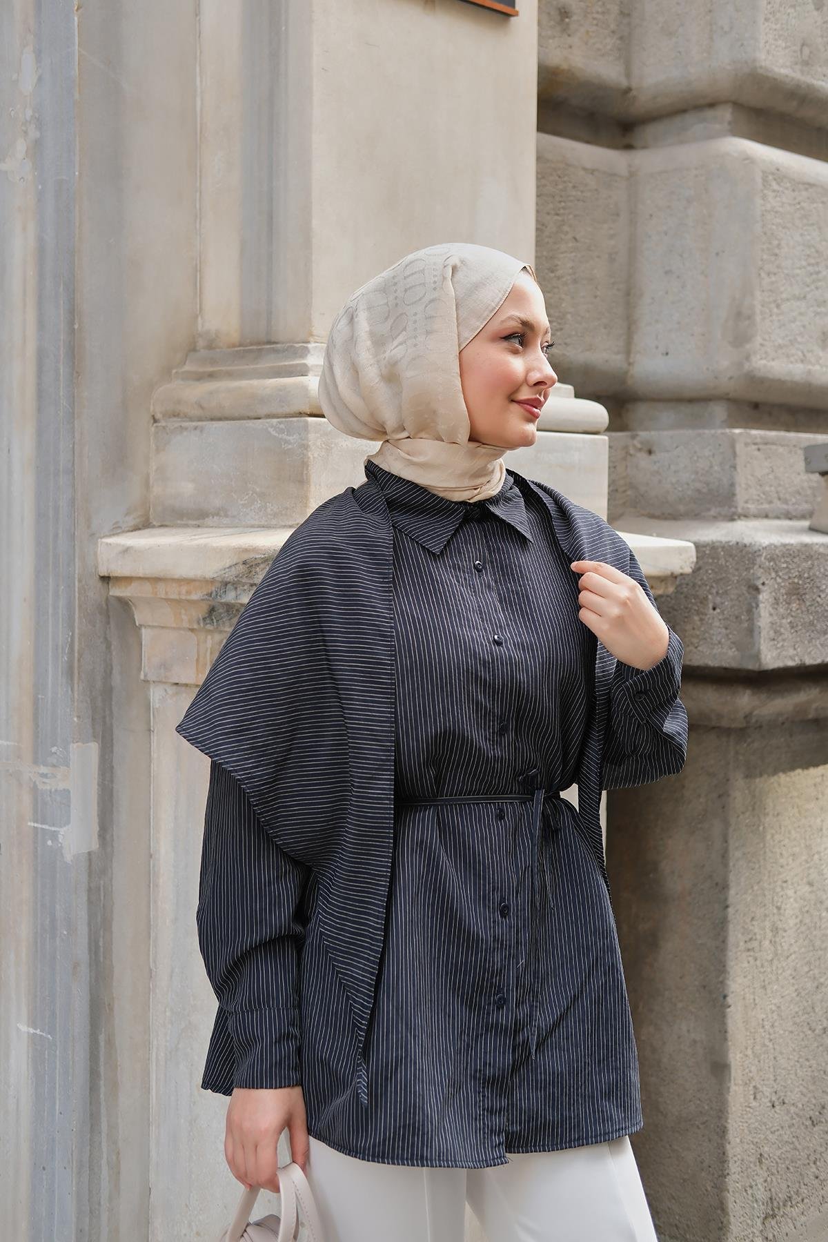 İnce Çizgili Bel Bağlamalı Gömlek Lacivert
