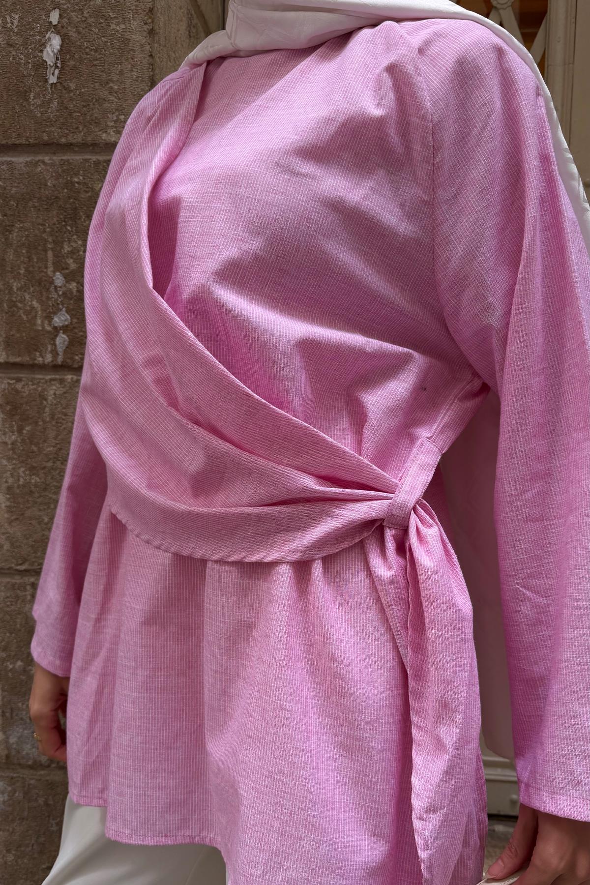 İnce Çizgili Kruvaze Yaka Tunik Pembe