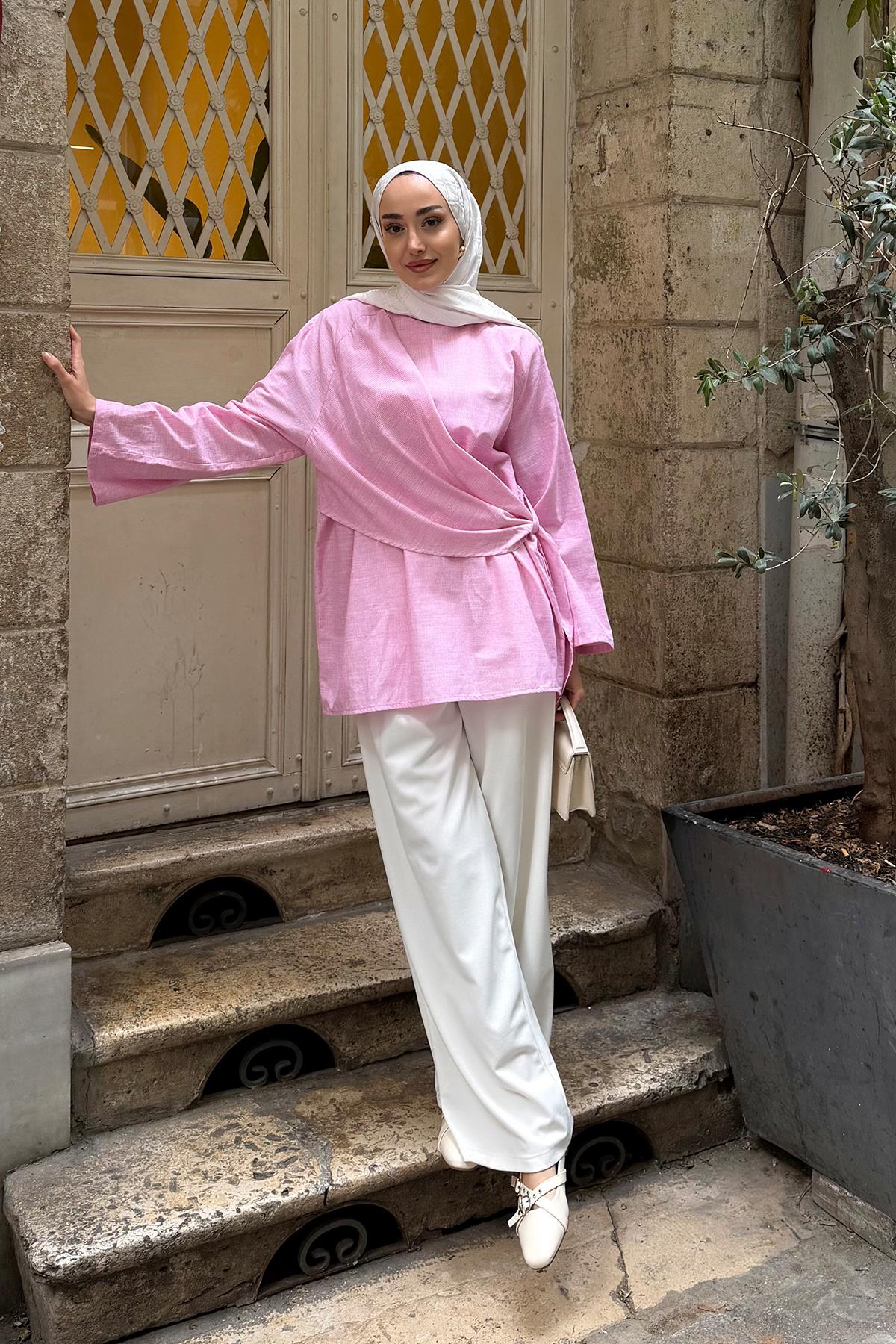 İnce Çizgili Kruvaze Yaka Tunik Pembe