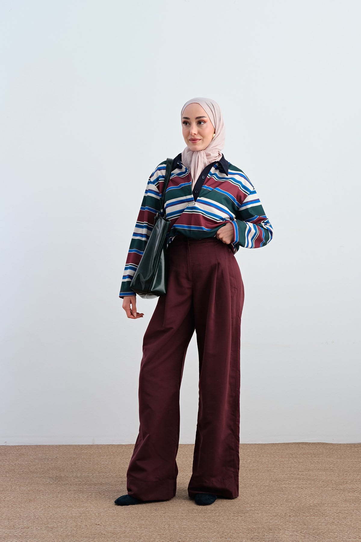 İnce Çizgili Yarım Düğmeli Sweat Yeşil