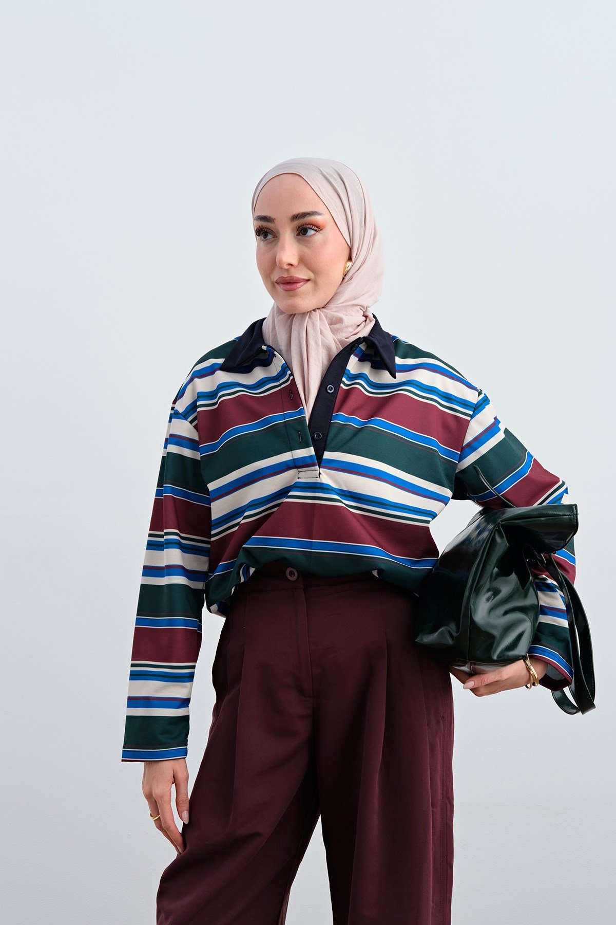 İnce Çizgili Yarım Düğmeli Sweat Yeşil