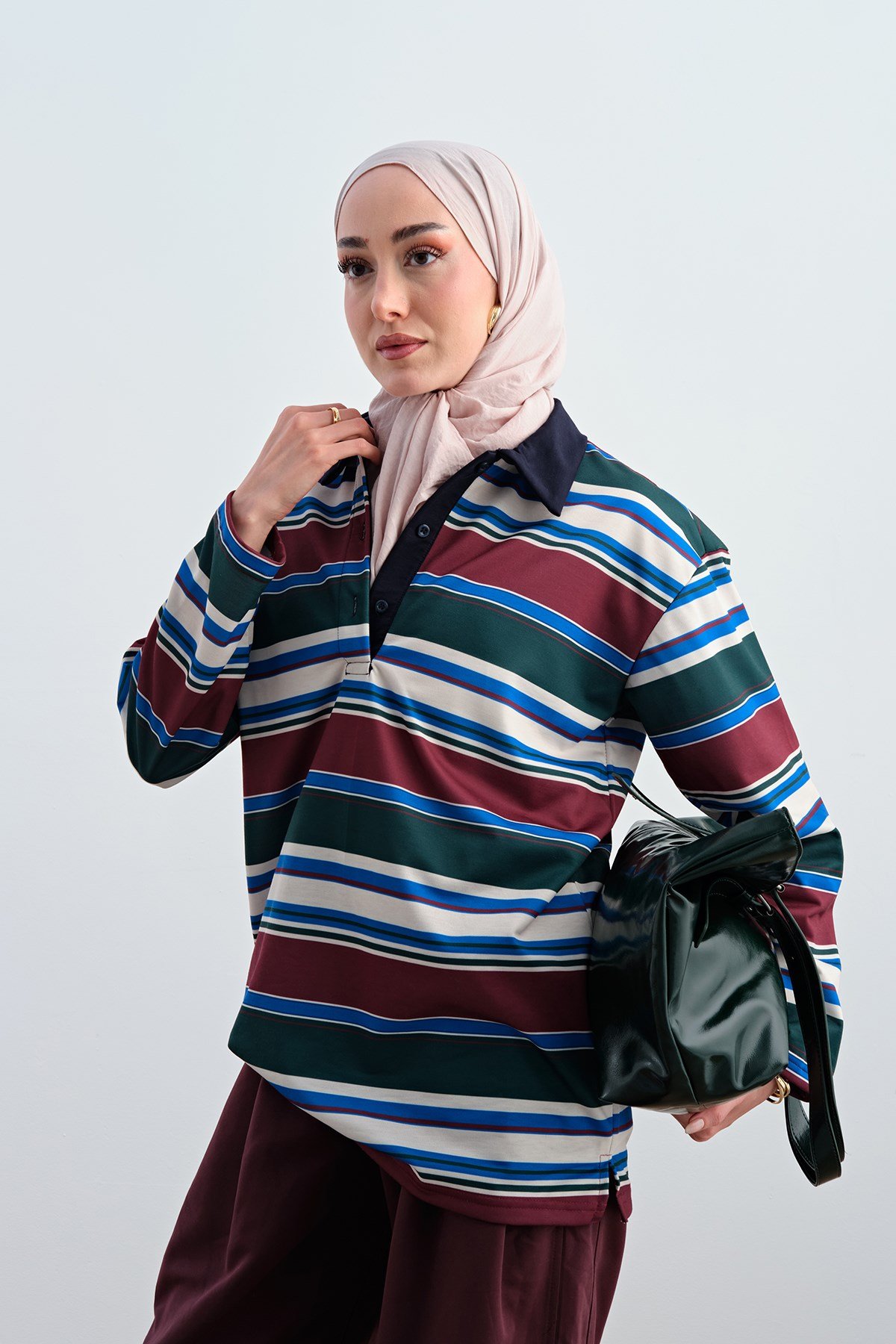 İnce Çizgili Yarım Düğmeli Sweat Yeşil