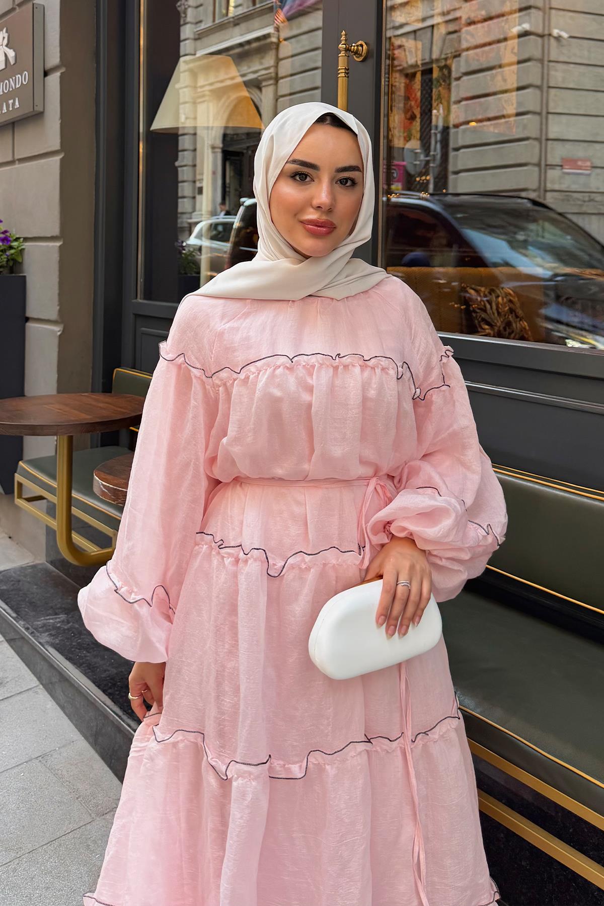İnce Şerit Detaylı Bel Bağlamalı Tül Elbise Pembe
