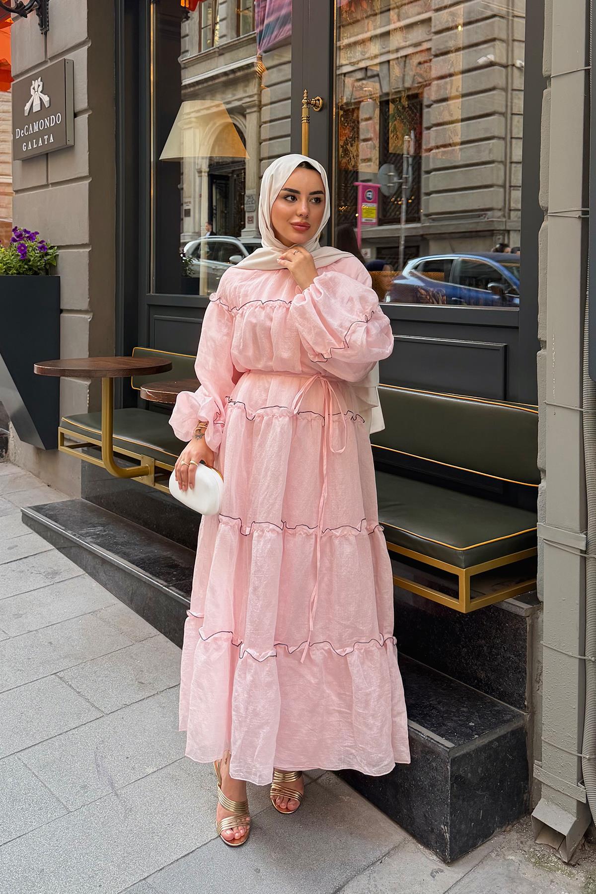 İnce Şerit Detaylı Bel Bağlamalı Tül Elbise Pembe