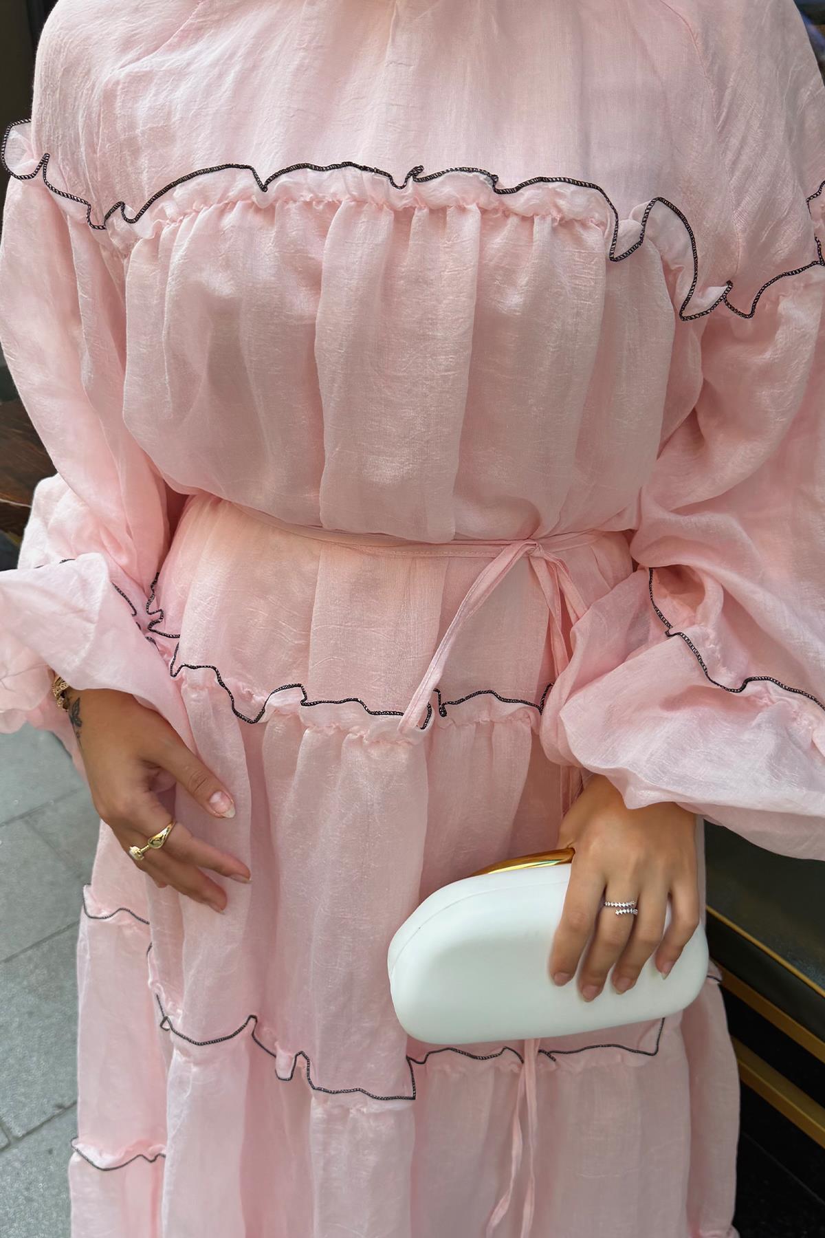 İnce Şerit Detaylı Bel Bağlamalı Tül Elbise Pembe