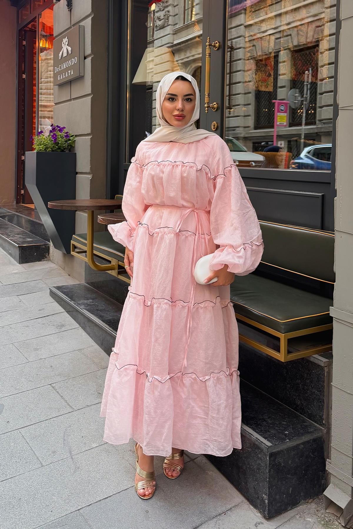 İnce Şerit Detaylı Bel Bağlamalı Tül Elbise Pembe