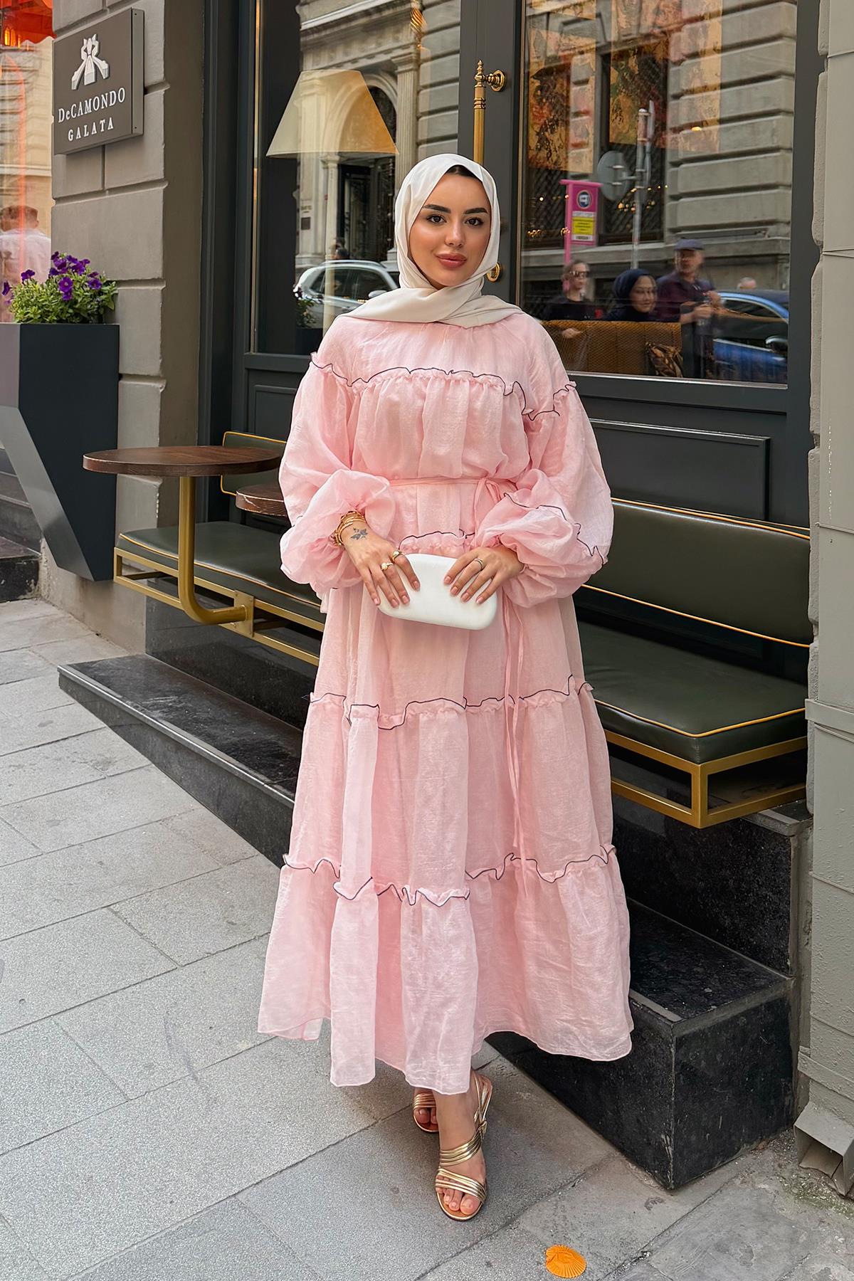 İnce Şerit Detaylı Bel Bağlamalı Tül Elbise Pembe