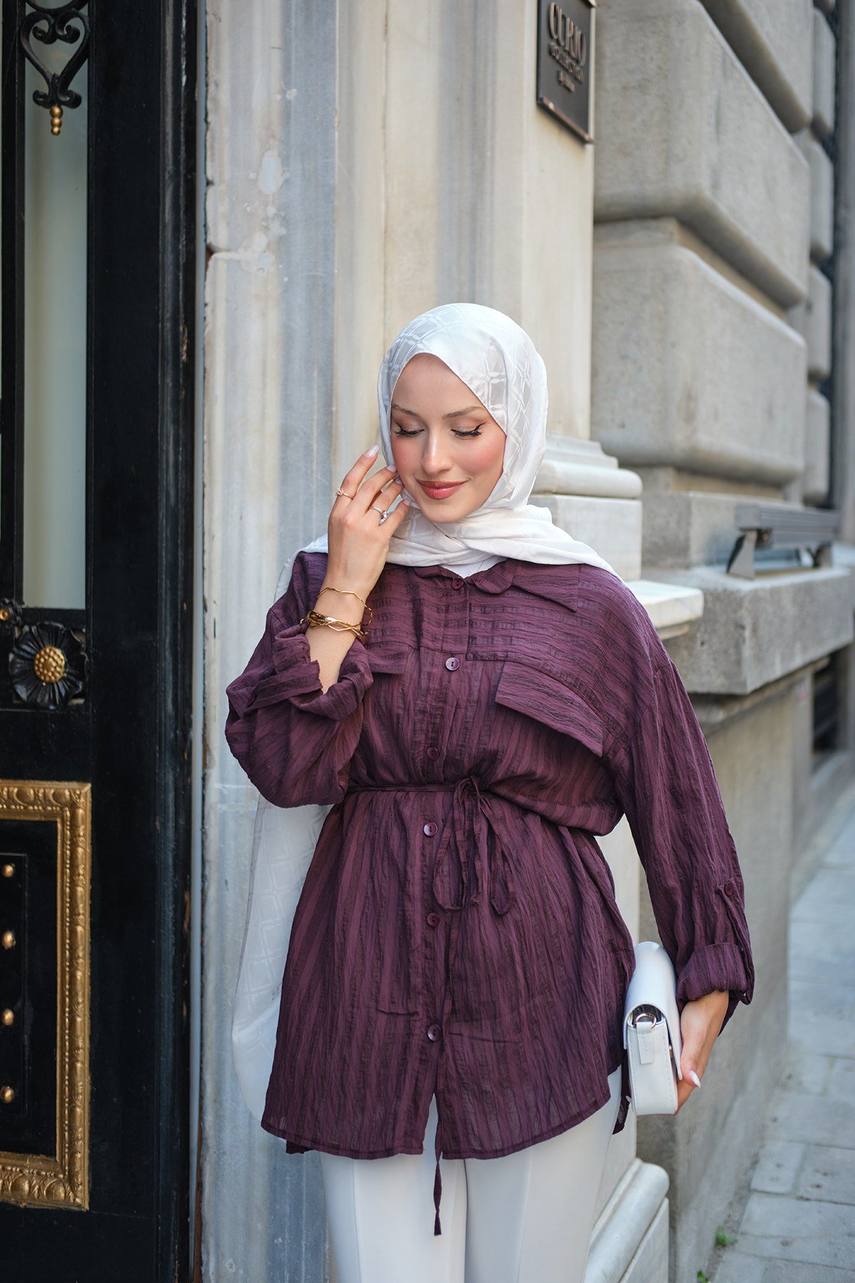 Kalın Çizgi Detay Çift Cep Görünümlü Bel Bağlamalı Gömlek Mürdüm