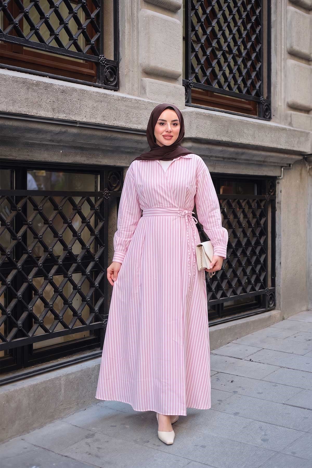 Kalın Çizgi Detay Elbise Pembe
