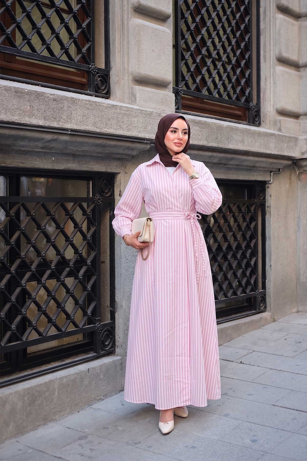 Kalın Çizgi Detay Elbise Pembe