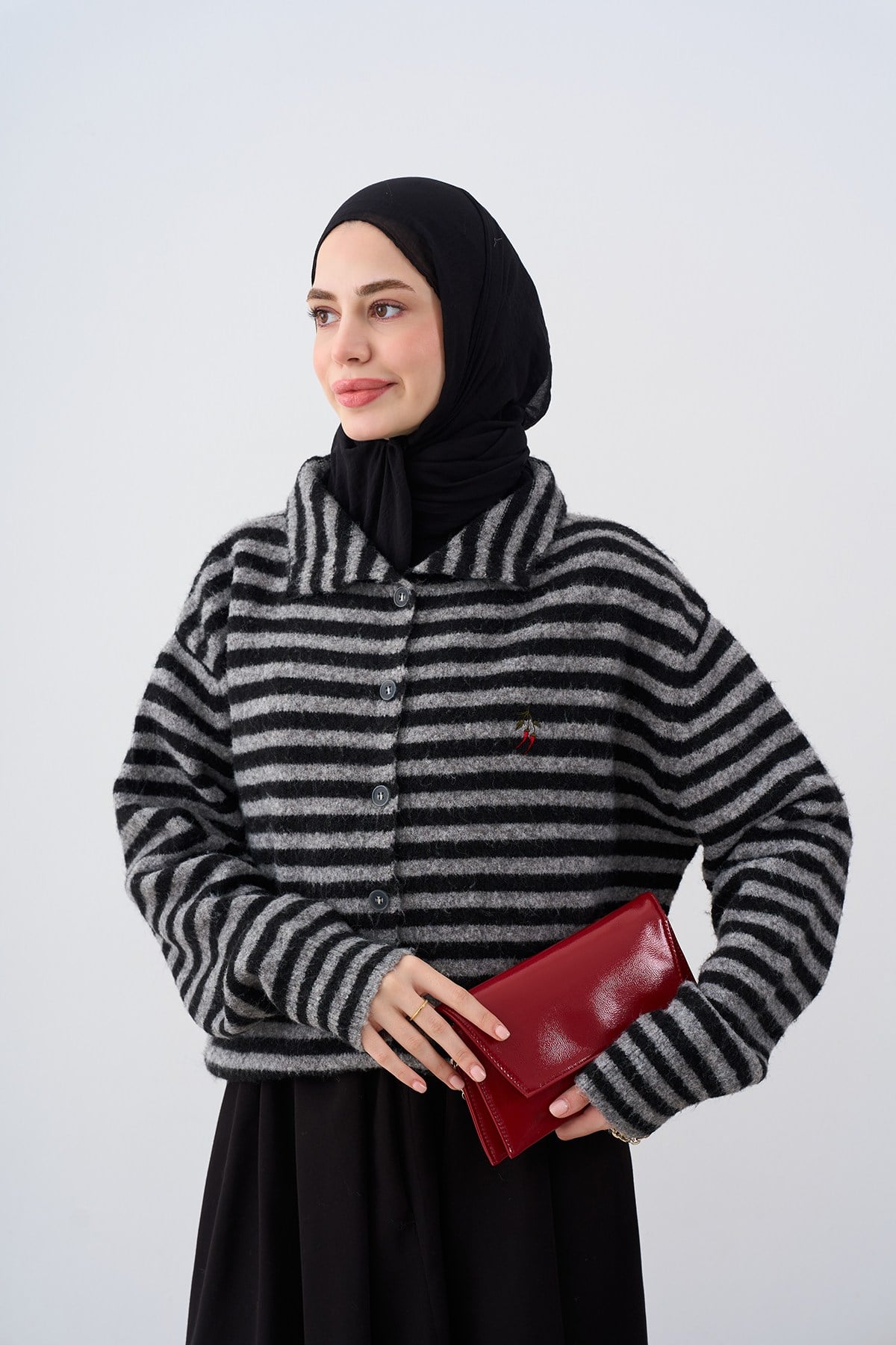 Kalın Çizgili Triko Hırka Siyah