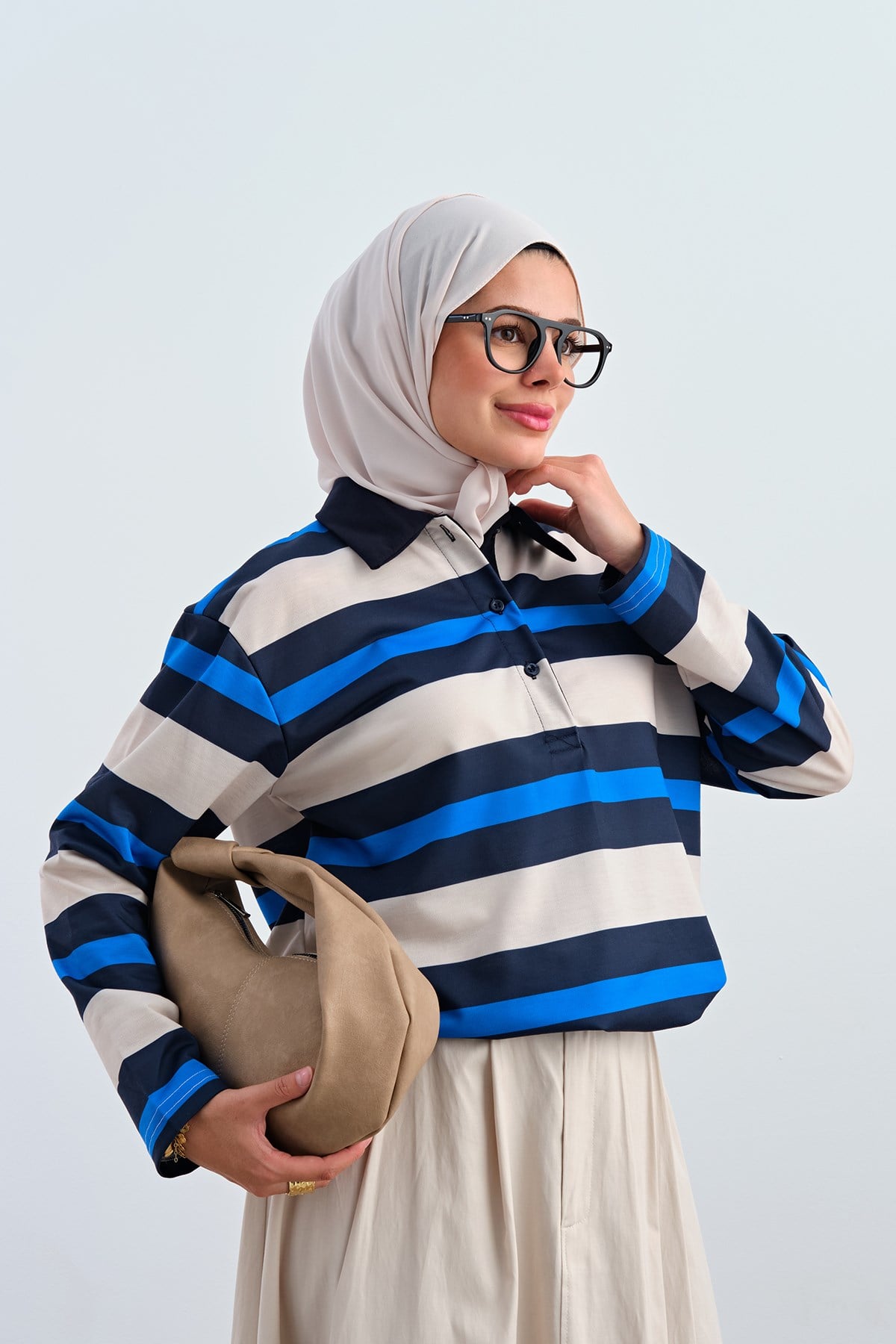 Kalın Çizgili Yarım Düğmeli Sweat Mavi