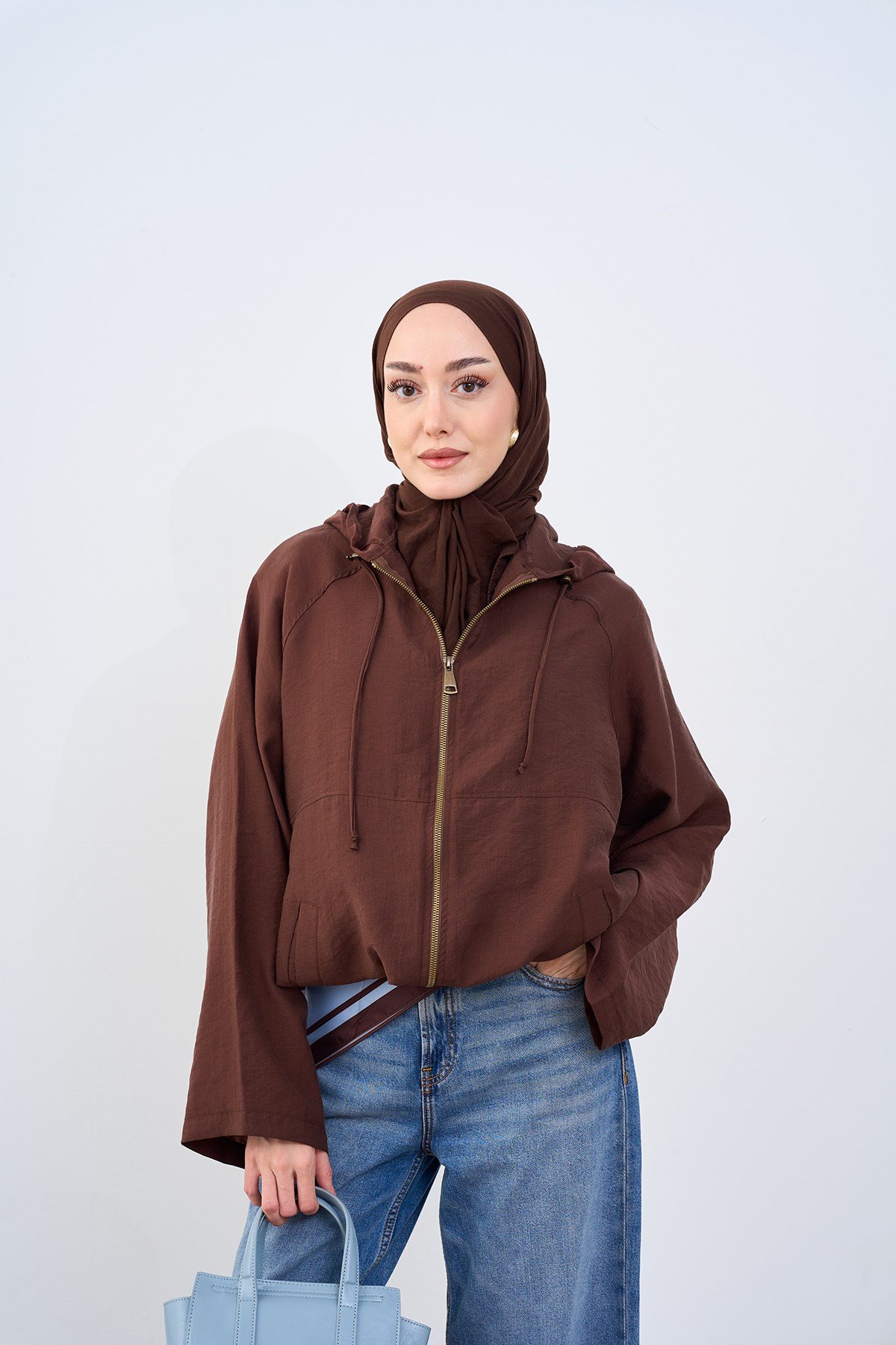 Kapüşonlu Cep Detay Fermuarlı Sweatshirt Kahverengi