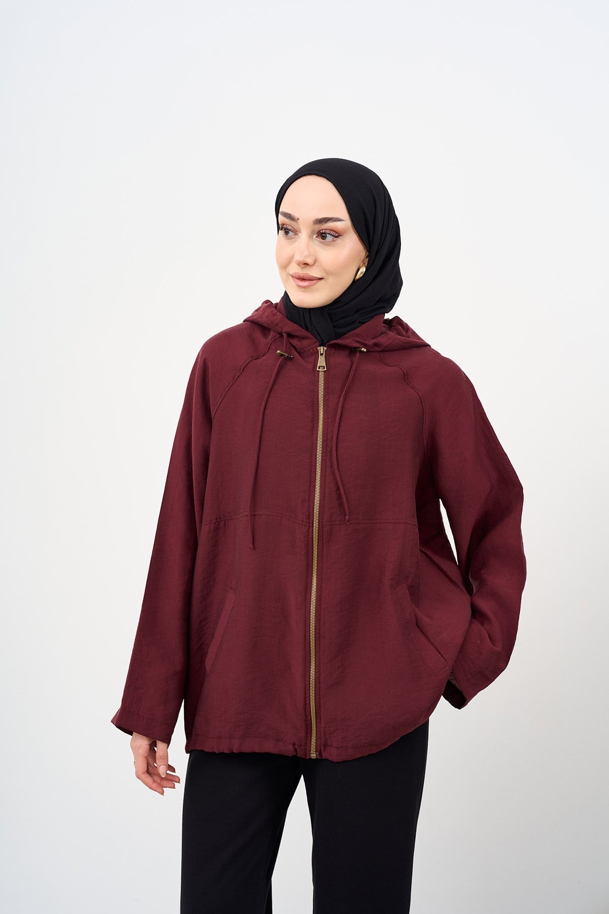 Kapüşonlu Cep Detay Fermuarlı Sweatshirt Bordo