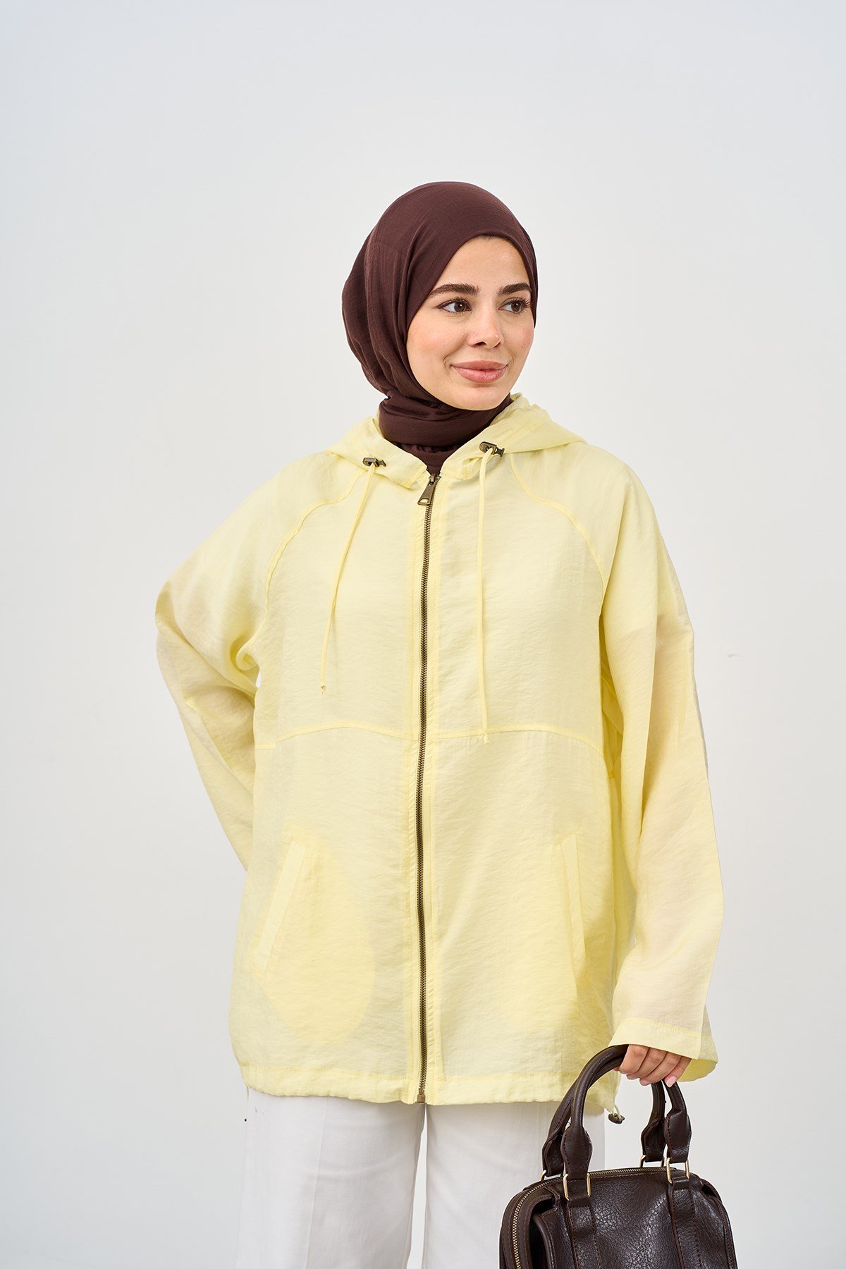 Kapüşonlu Cep Detay Fermuarlı Sweatshirt Sarı