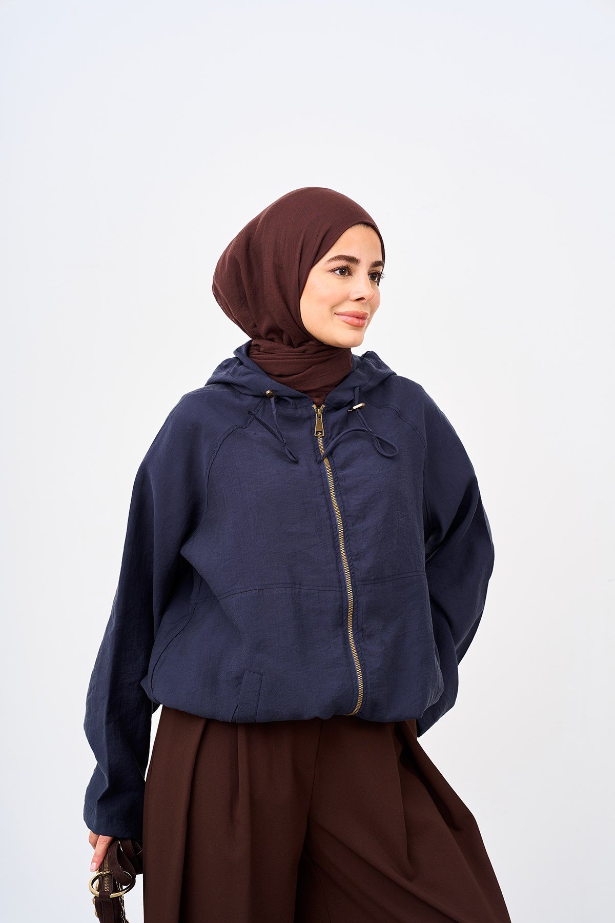 Kapüşonlu Cep Detay Fermuarlı Sweatshirt Lacivert