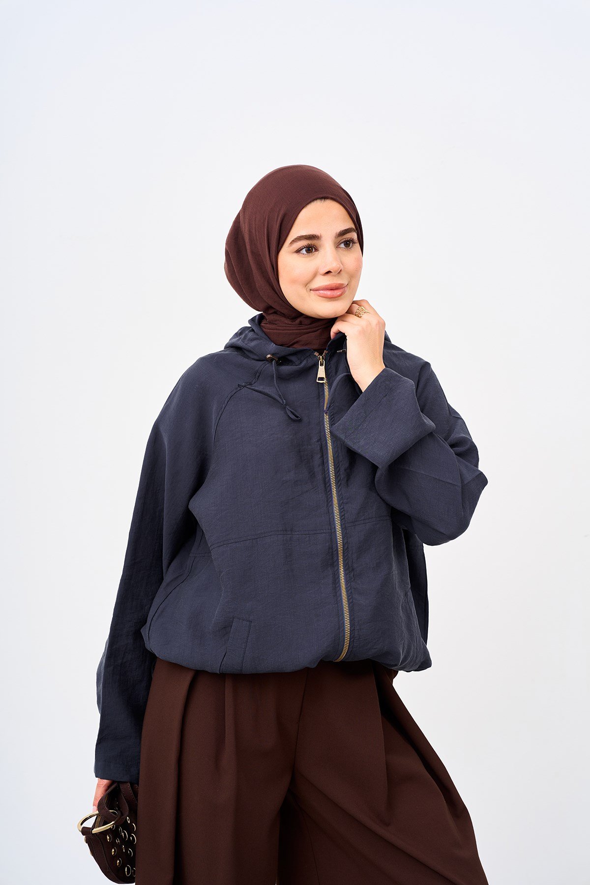 Kapüşonlu Cep Detay Fermuarlı Sweatshirt Lacivert