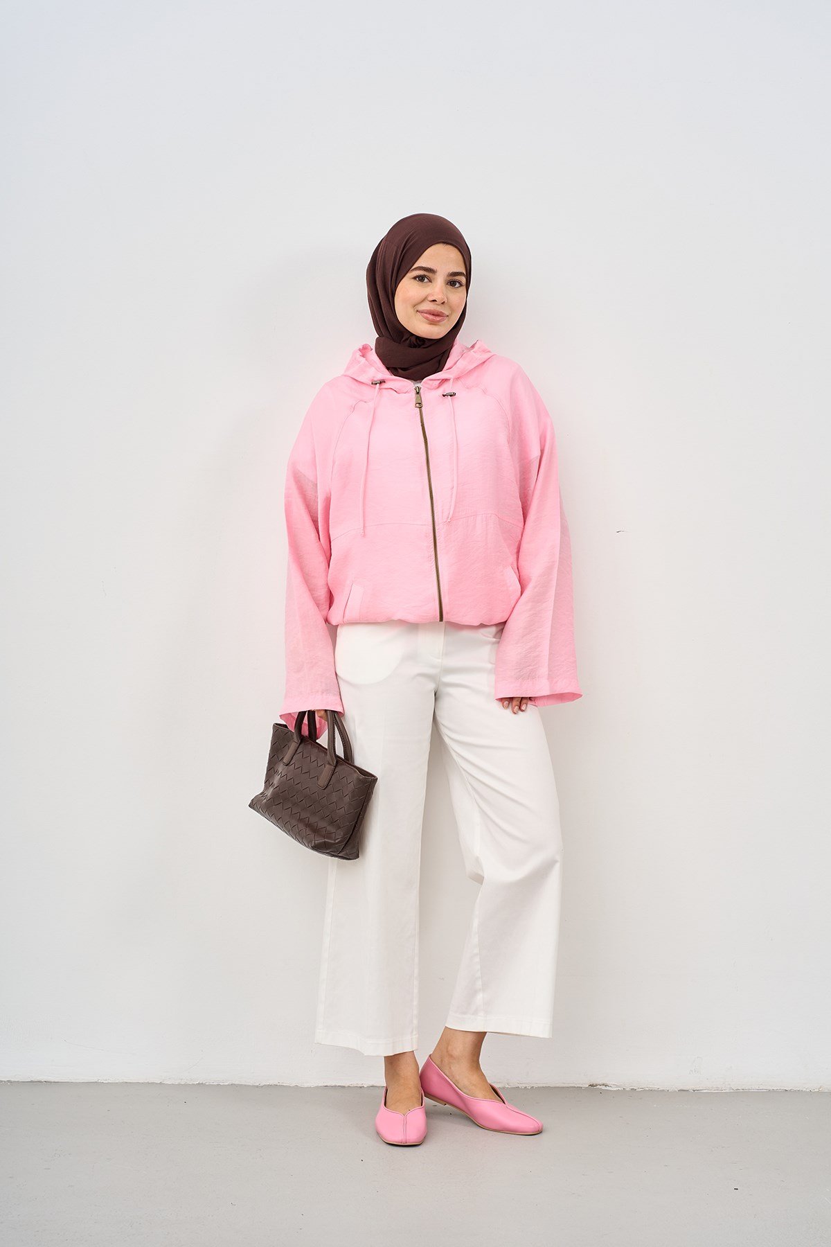 Kapüşonlu Cep Detay Fermuarlı Sweatshirt Pembe