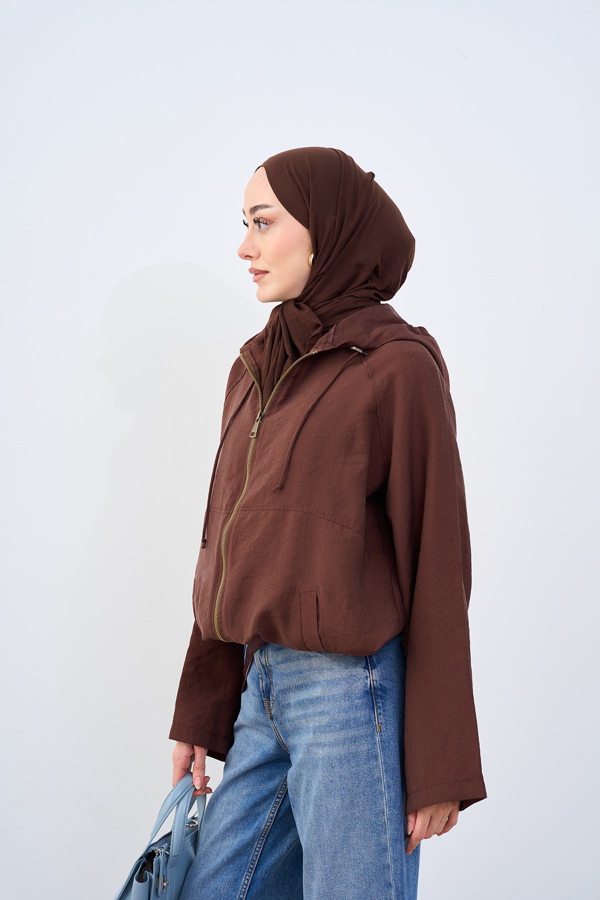 Kapüşonlu Cep Detay Fermuarlı Sweatshirt Kahverengi