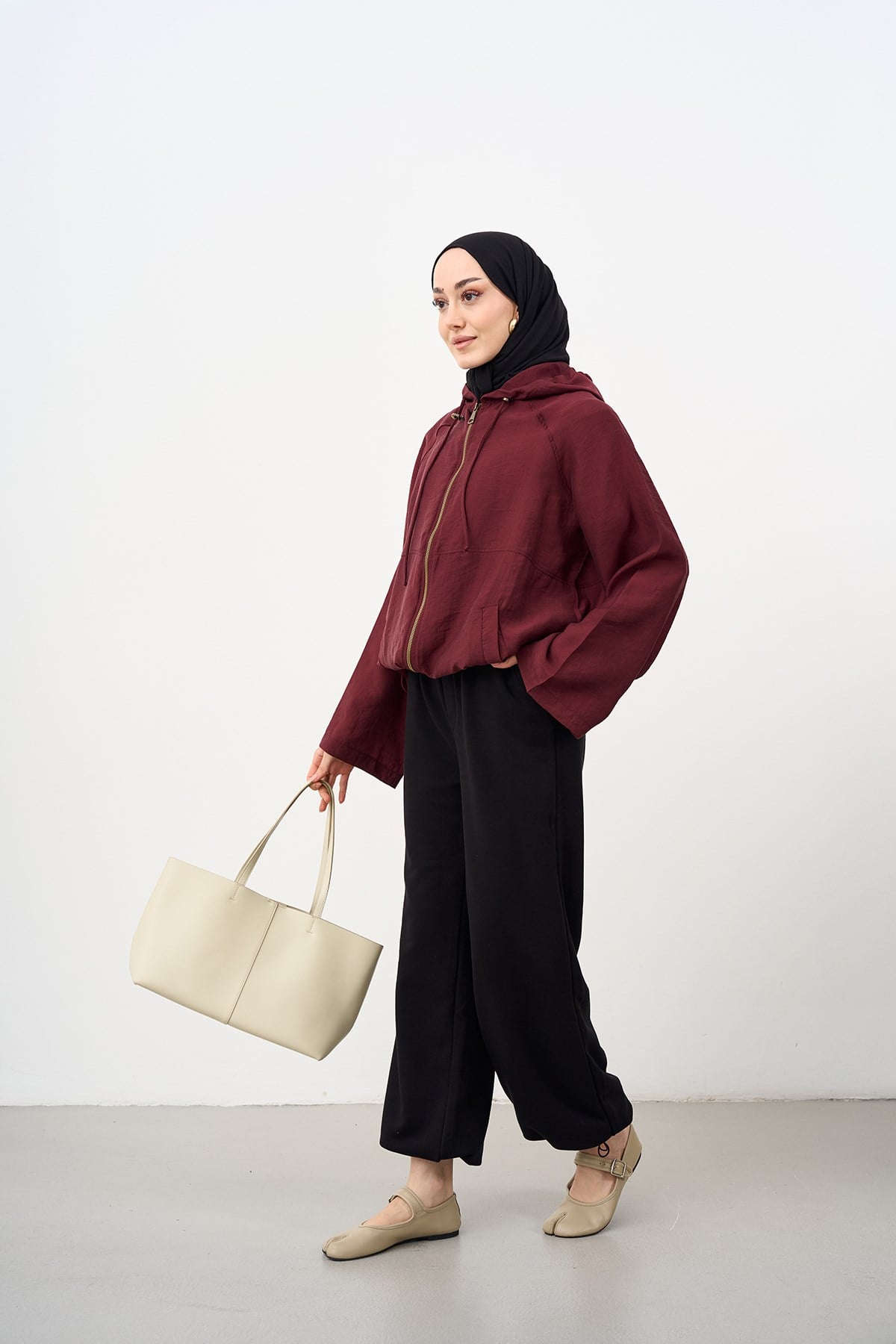 Kapüşonlu Cep Detay Fermuarlı Sweatshirt Bordo