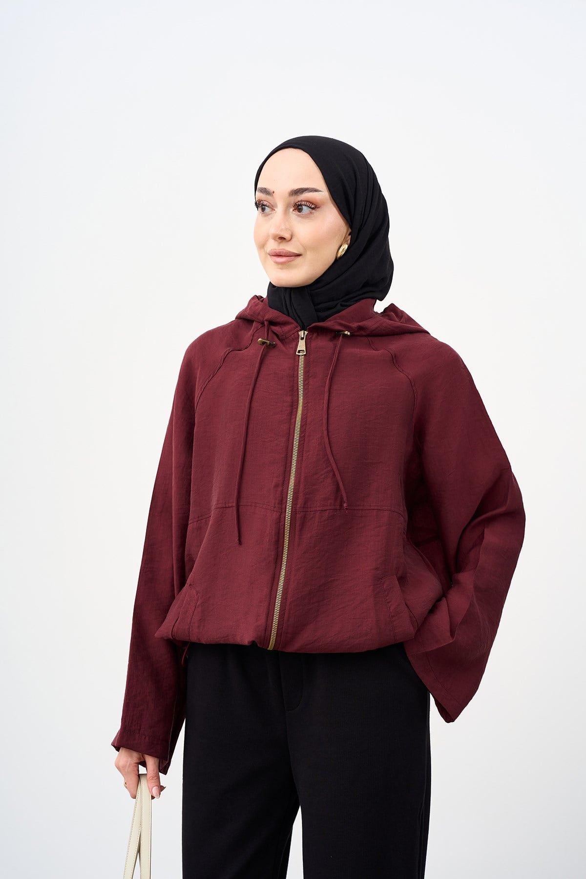 Kapüşonlu Cep Detay Fermuarlı Sweatshirt Bordo