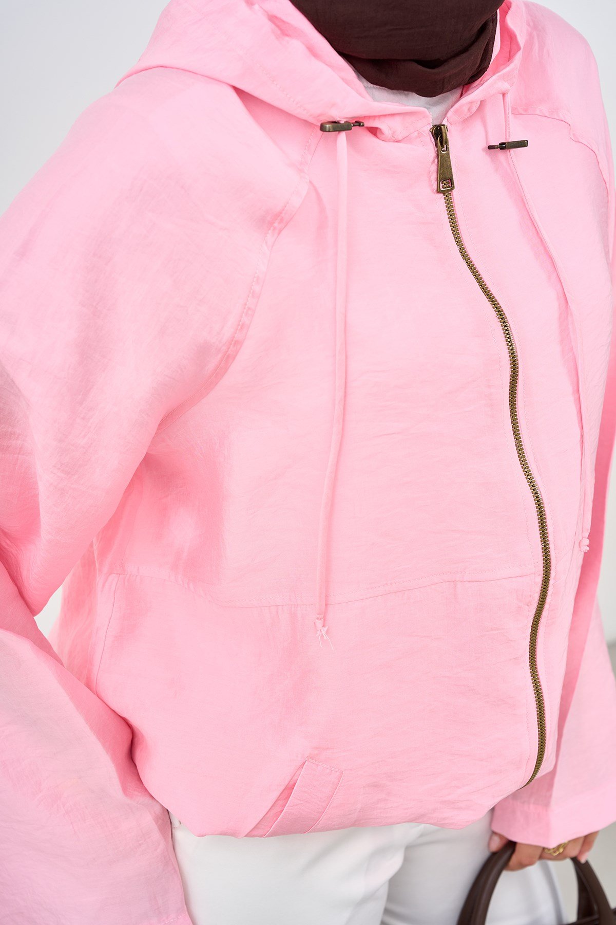 Kapüşonlu Cep Detay Fermuarlı Sweatshirt Pembe