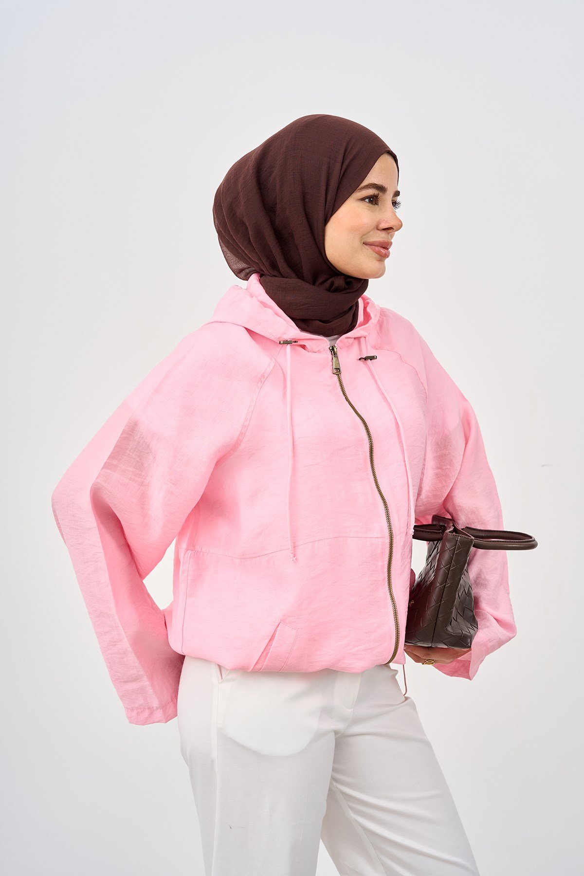 Kapüşonlu Cep Detay Fermuarlı Sweatshirt Pembe