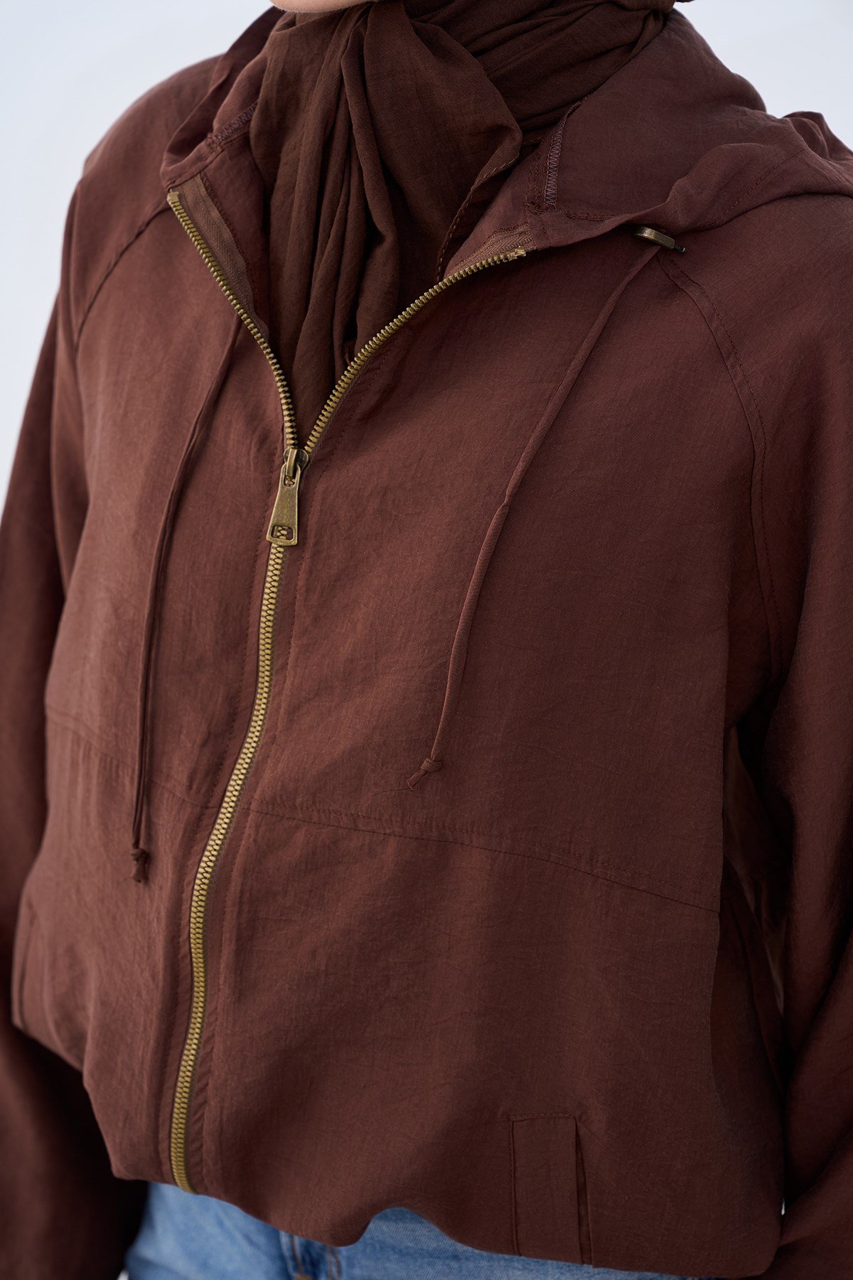 Kapüşonlu Cep Detay Fermuarlı Sweatshirt Kahverengi