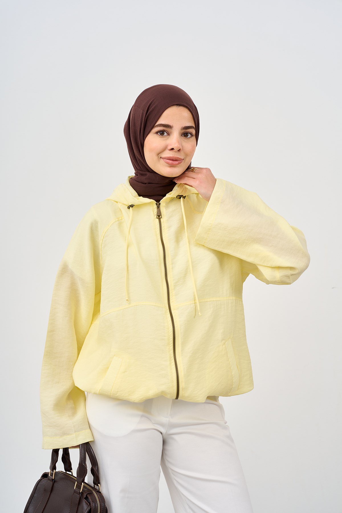 Kapüşonlu Cep Detay Fermuarlı Sweatshirt Sarı