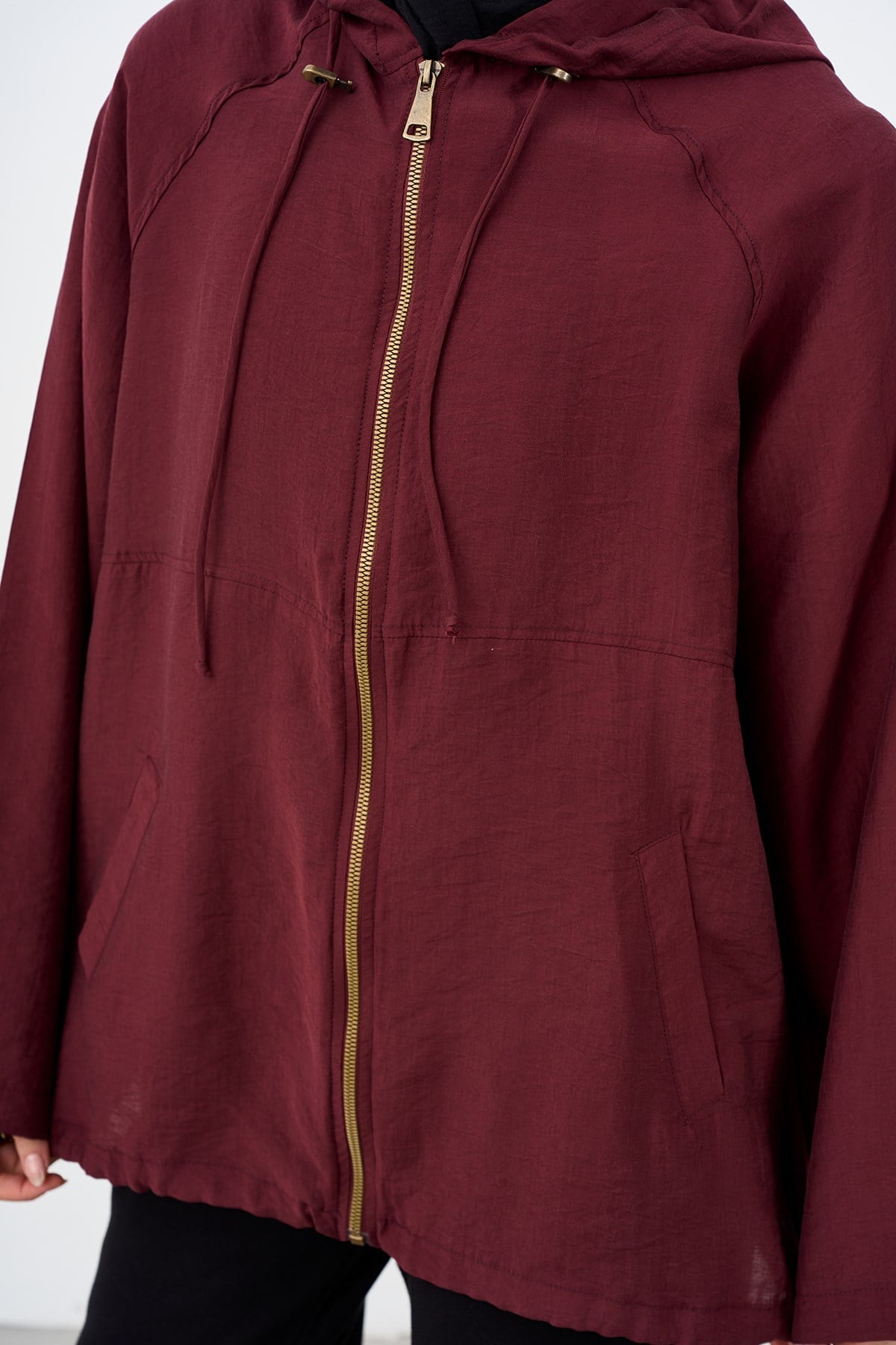 Kapüşonlu Cep Detay Fermuarlı Sweatshirt Bordo