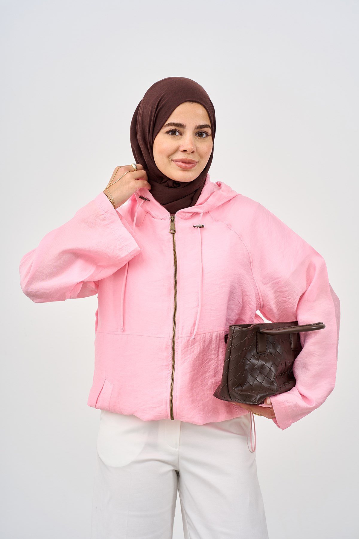 Kapüşonlu Cep Detay Fermuarlı Sweatshirt Pembe