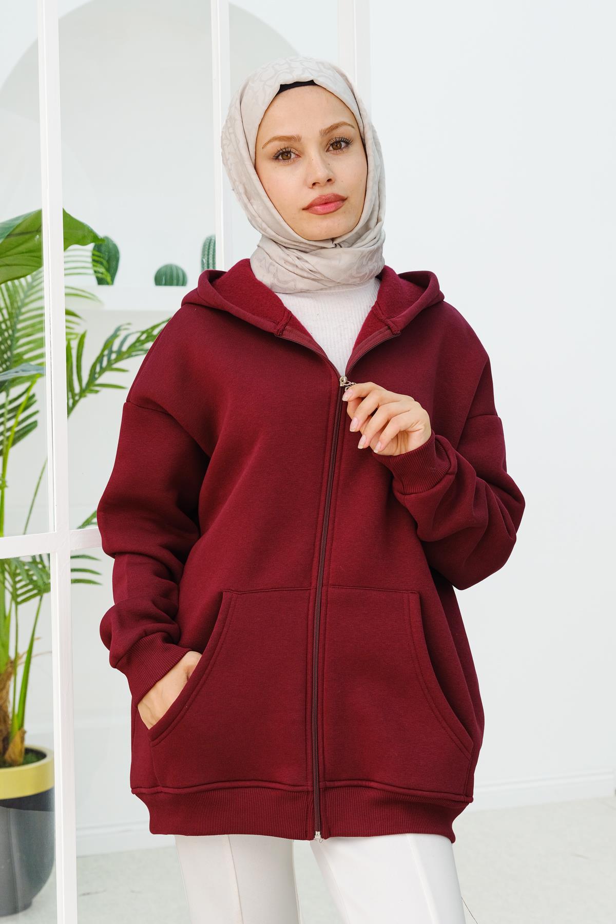 Kapüşonlu Oversize Hırka Bordo