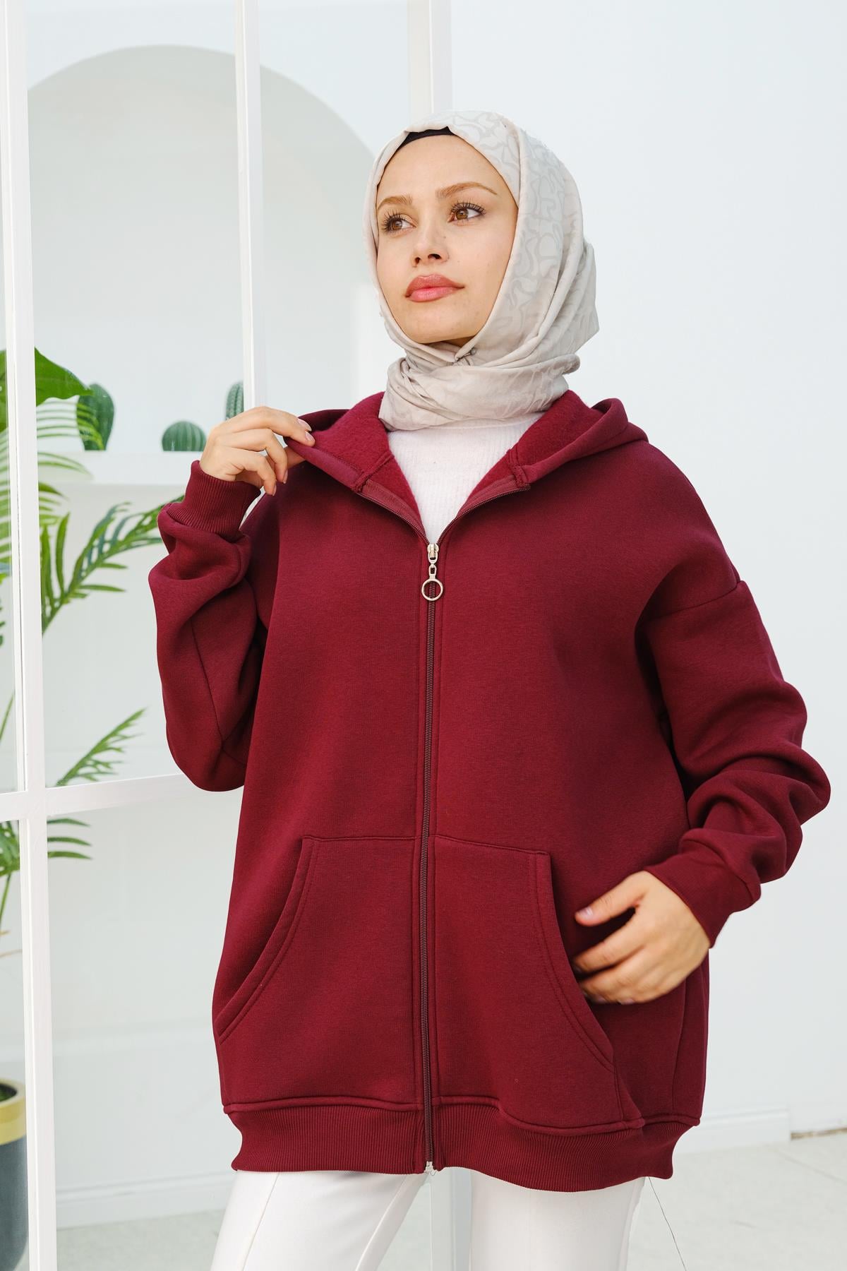 Kapüşonlu Oversize Hırka Bordo