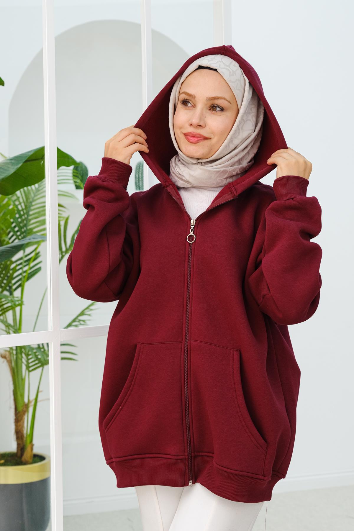 Kapüşonlu Oversize Hırka Bordo
