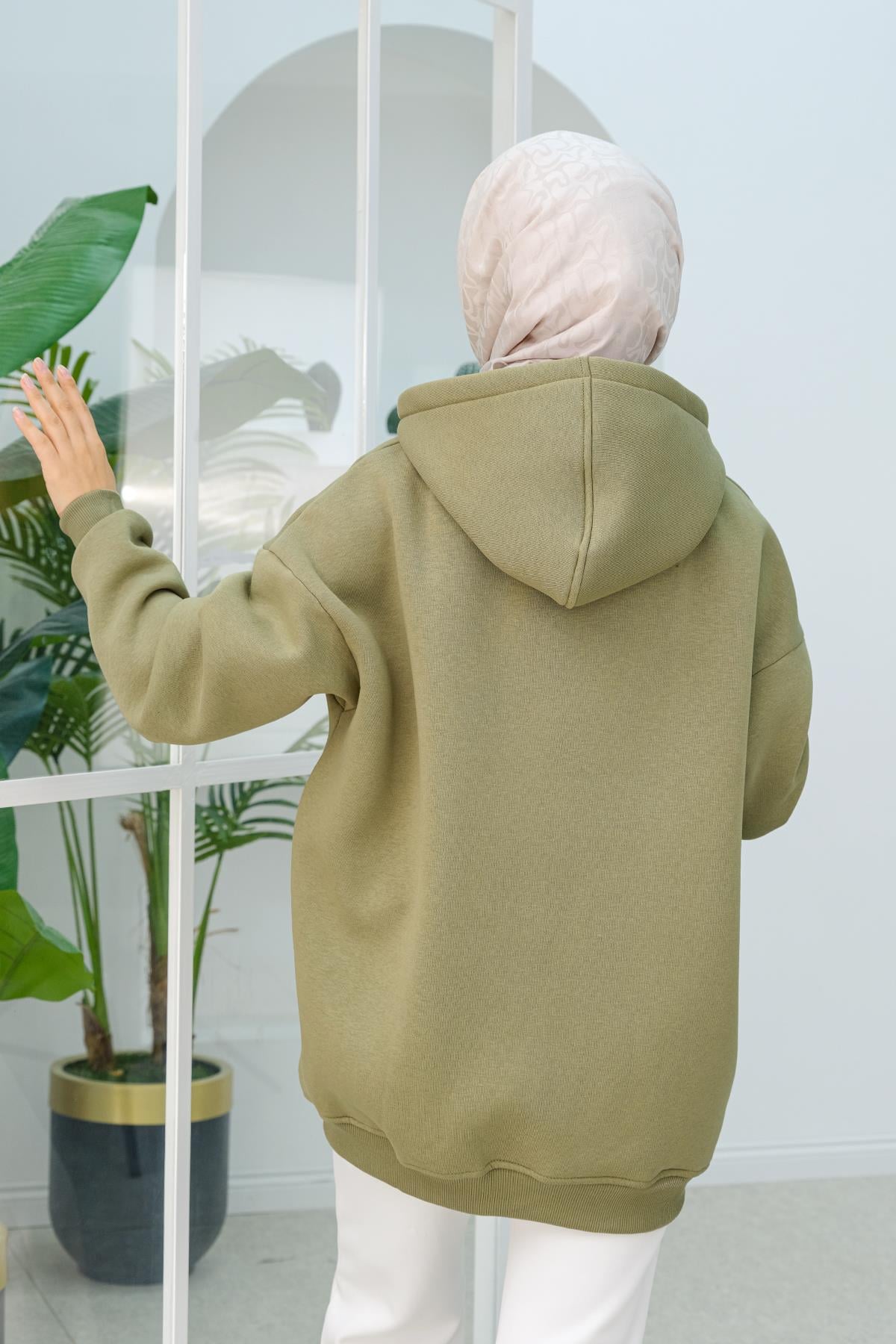 Kapüşonlu Oversize Hırka Fıstık Yeşil