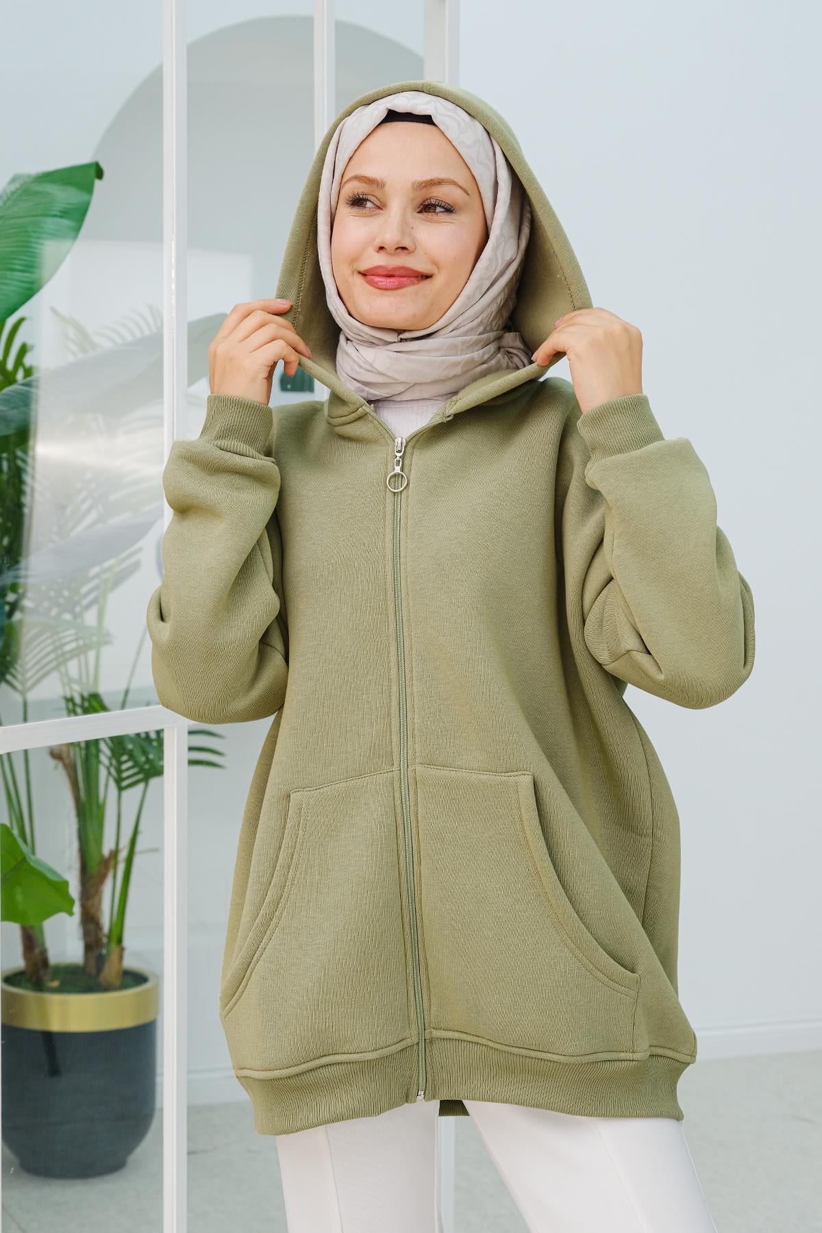Kapüşonlu Oversize Hırka Fıstık Yeşil