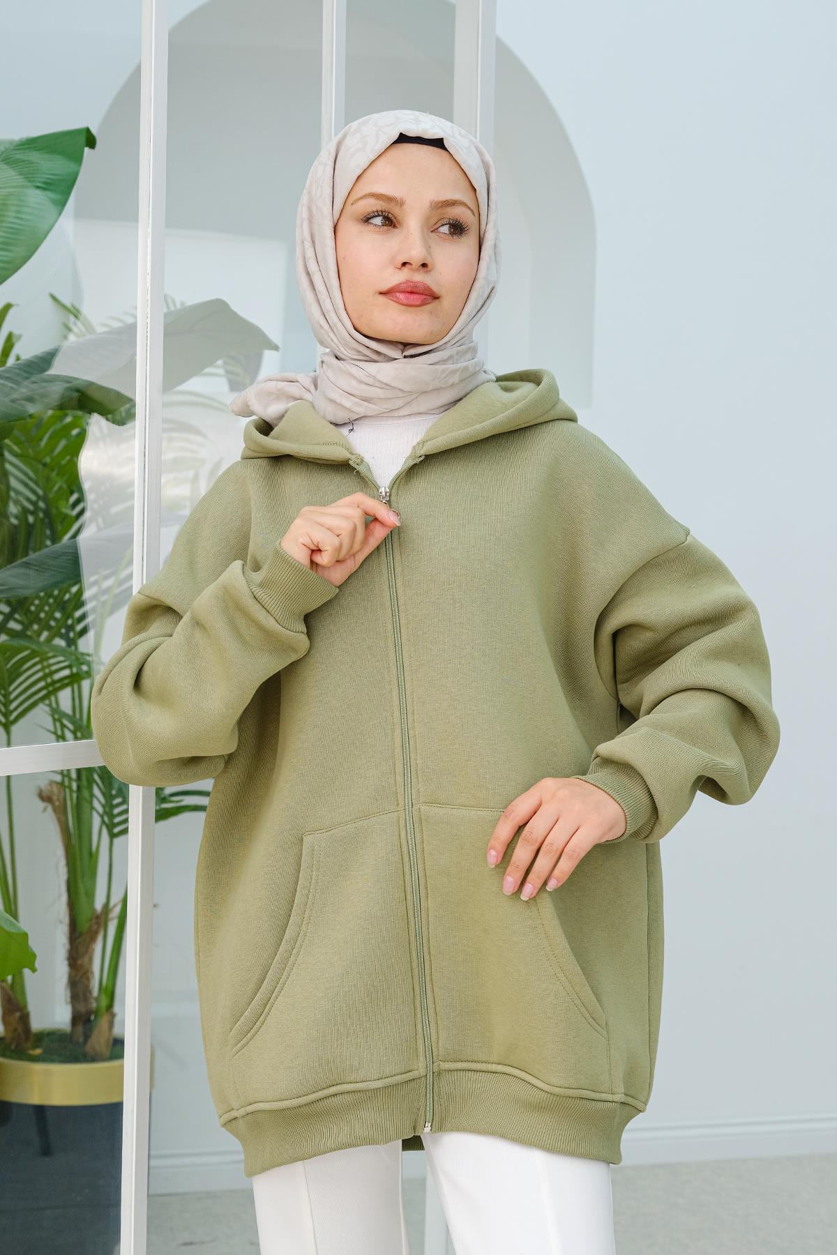 Kapüşonlu Oversize Hırka Fıstık Yeşil