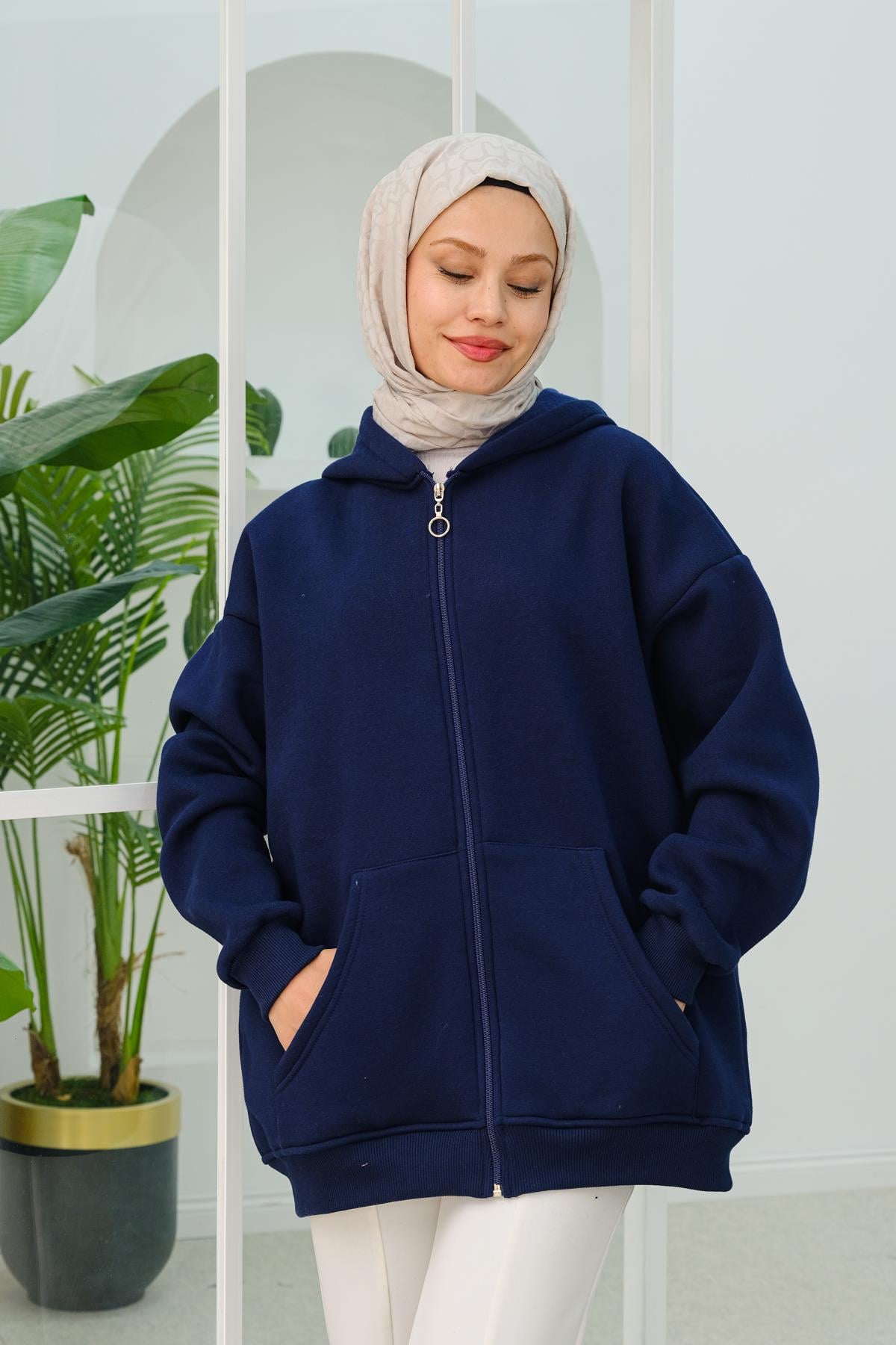 Kapüşonlu Oversize Hırka Lacivert