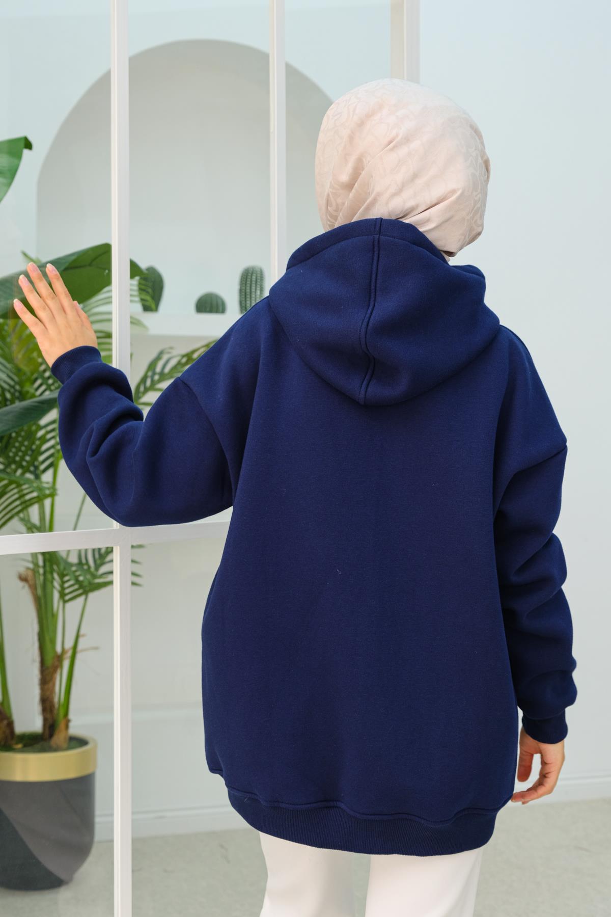 Kapüşonlu Oversize Hırka Lacivert