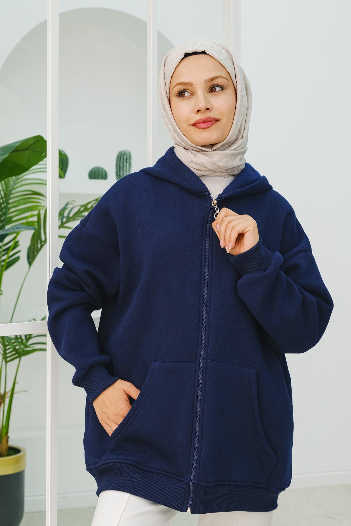 Kapüşonlu Oversize Hırka Lacivert