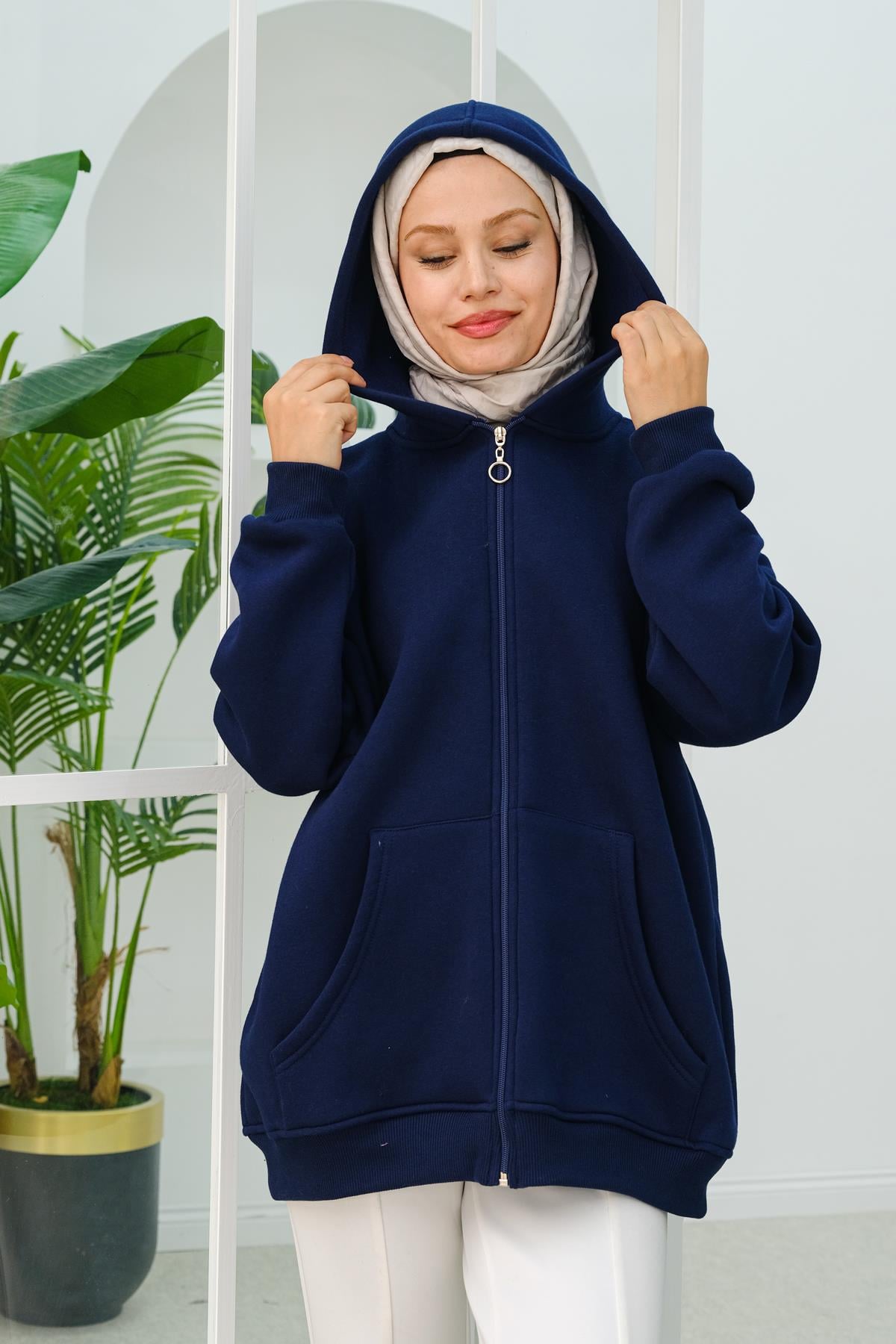 Kapüşonlu Oversize Hırka Lacivert