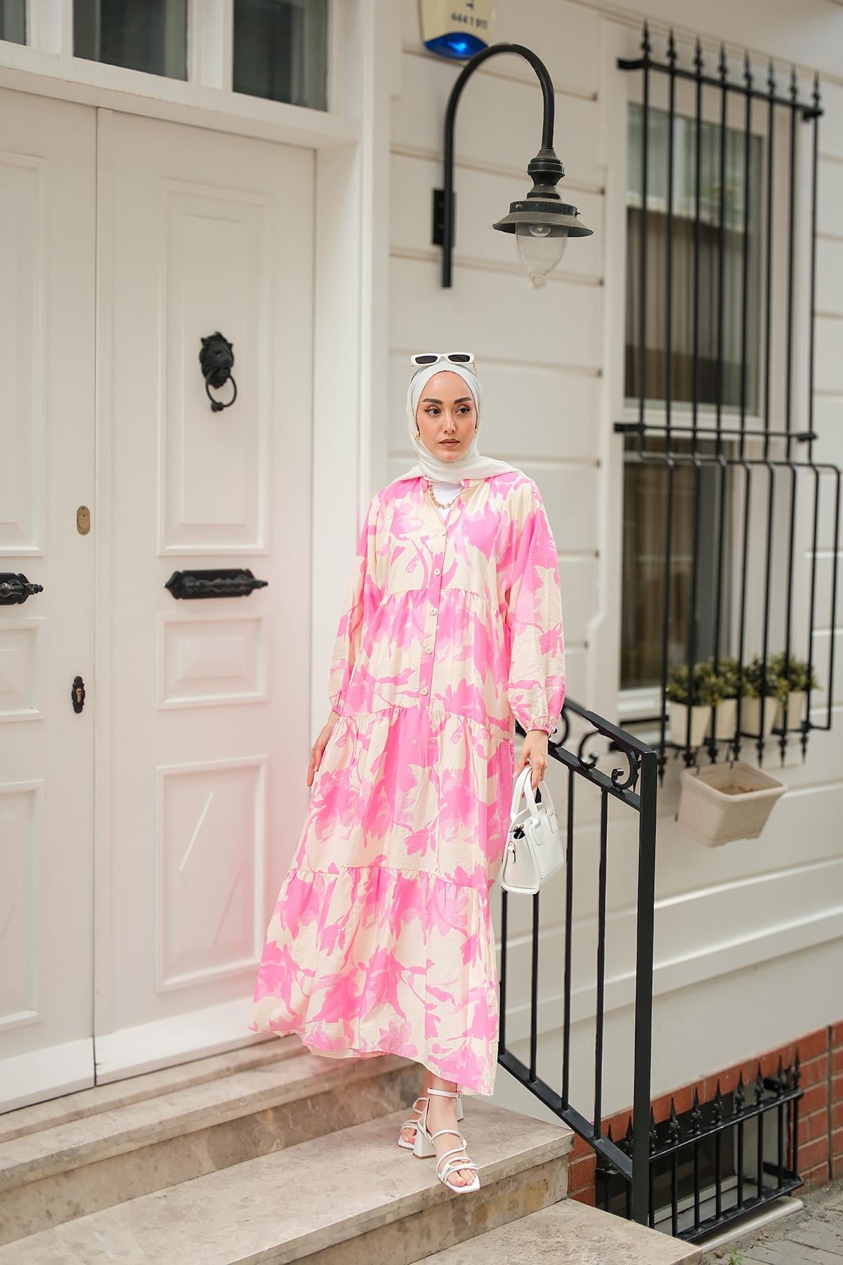 Karışık Desen Elbise Pembe