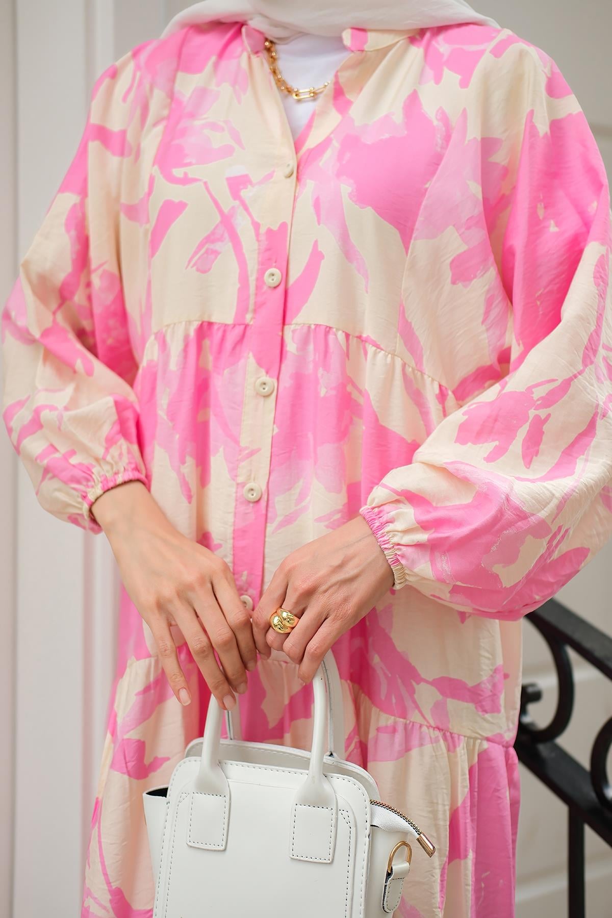 Karışık Desen Elbise Pembe